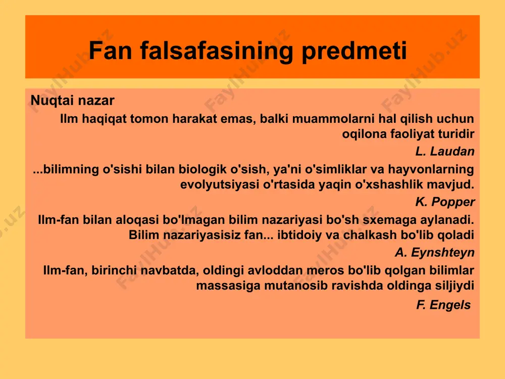 ning predmeti asosiy tushunchalar tomas kuhn (1922 – 1996) 17 fan falsafasining predmeti asosiy tushunchalar imre lakatos tomonidan tadqiqot dasturlari kontseptsiyasi ilm-fanning rivojlanishi raqobatdosh "tadqiqot dasturlarini" o'zgartirish jarayoni bo'lib, ularning har biri uchta asosiy elementni o'z ichiga oladi: "qattiq yadro" - asosiy yoki asosiy (shartli ravishda rad etib bo'lmaydigan) qoidalar va g'oyalar; "salbiy evristika" "qattiq yadro" uchun o'ziga xos "himoya kamari" dir: asosiy va har qanday yangi kashf etilgan faktlar o'rtasida yuzaga keladigan qarama-qarshiliklarni bartaraf etish uchun mo'ljallangan taxminlar va taxminlar; "ijobiy evristika" - tadqiqot dasturining "rad etilishi mumkin bo'lgan variantlarini" o'zgartirish va rivojlantirishga, "qattiq yadro" ni takomillashtirish va takomillashtirishga qaratilgan qoidalar va g'oyalar. imre lakatos 1922-1974 yillar 18 fan falsafasining predmeti asosiy tushunchalar pol feyerabend tomonidan ko'payish yoki epistemologik anarxizm tushunchasi boshlanish nuqtasi: faktlar nazariya bilan "yuklangan". natijalar: nazariyalar bir-biri bilan "taqqos qilib bo'lmaydi", nazariyani oqilona tanlash - bu afsona, chunki tanlov mezoni yo'q. umumjahon bilish usuli mavjud emas …