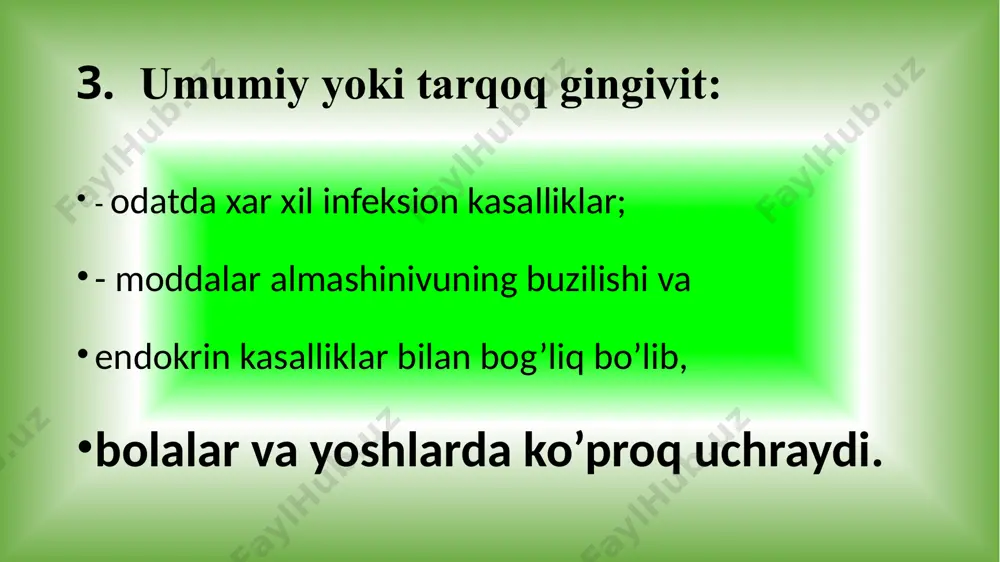 tiladi va -neytropeniya -papion-lefevr sindromi (bu ektodermal displaziyaning kam uchraydigan shakli bo'lib, erta boshlangan periodontit, kaft-oyoq tagi keratodermasi bilan tavsiflana-di). -insulinga bog’liq qd bilan qo’shilib keladi. belgilari: erta milk va paradontal cho’ntak xosil bo’ladi, alveolyar pioreya, 2-3 yilda tishlarning qimirlab qolish va tushib ketishi bilan xarakterlanadi. bolalarda avval sut tishlari, keyin doimiy tishlar tushib ketadi. paradontomalar – paradontning o’sma va o’smasimon kasalliklaridir. paradontomalar; chin o’smalar o’smasimon kasalliklarga ajratiladi. paradontning o’smasimon kasalliklari orasida; epulis (ko’proq uchraydi), fibromatoz (kamroq uchraydi). epulis (milk usti xosilasi) – milkning surunkali ta’sirlanishi oqibatida, milk to’qimasining o’sishi xisobiga kelib chiqadi. sabablari; jarohatlar; - yomon qo’yilgan sun’iy koronka, plomba va x.k. joylashuvi; - ko’proq kurak va qoziq tishlar, kamroq kichik jag’ tishlari soxasida, odatda og’iz daxliz tomonida joylashadi. shakli; - qo’ziqorinsimon yoki aylana. o’lchamlari; - 0,5 sm dan – 2 sm gacha, oyoqchasi yoki keng asosi bilan alveolyar soxa to’qimasiga birikib turadi. asosan ayollarda 20-40 yosh atrofida uchraydi. …