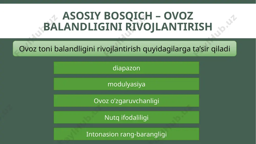 larni baland va aniq talaffuz qilish kerak. shakllangan vokal qobiliyatlarini mustaxkamlash bolalar juftlarga bo'lingan. juftardan biri baland ovozda iboralarni gapirdi va sherik aks-sado singari jimgina javob berdi. keyin sheriklar joylarini almashtiradilar. mashq qilish uchun turli xil ertaklardan iboralar ishlatiladi. shakllangan vokal qobiliyatlarini mustaxkamlash biz bolalarni go'yo quyidagi iboralarni aytib, "zinapoyadan o'tishga" taklif qilamiz. "birinchi qavat, ikkinchi qavat ... ettinchi qavat", asta-sekin ovozingizni ko'taring. adabiyotlar филиппович, е. и. логопедические технологии: курс лекций / е. и. филиппович, 2013 белякова л.и., волоскова н.н. логопедия. дизартрия. —— м. : гуманитар, изд. центр владос, 2009.—287 с. rinolaliyada ovozni korreksiyalash texnologiyalari i.i. ermakova rinolaliya bilan ovozni korreksiyalash bo'yicha logopedik ta’sirning quyidagi asosiy vazifalarini belgilab beradi: 1. tembrni normallashtirish. 2. bolalarning tabiiy ovozini shakllantirish. 3. vokal apparati kasalliklarida halqumning harakatlanish funktsiyasini tiklash. 4. to'g'ri ovozni boshqarish qobiliyatlarini tarbiyalash. tanglayni plastik jarrohlikdan oldin bolalar ovozini yaxshilash bo'yicha chora-tadbirlar: 1) fiziologik va fonatsion nafas ustida ishlash. 2) bo’yin va …