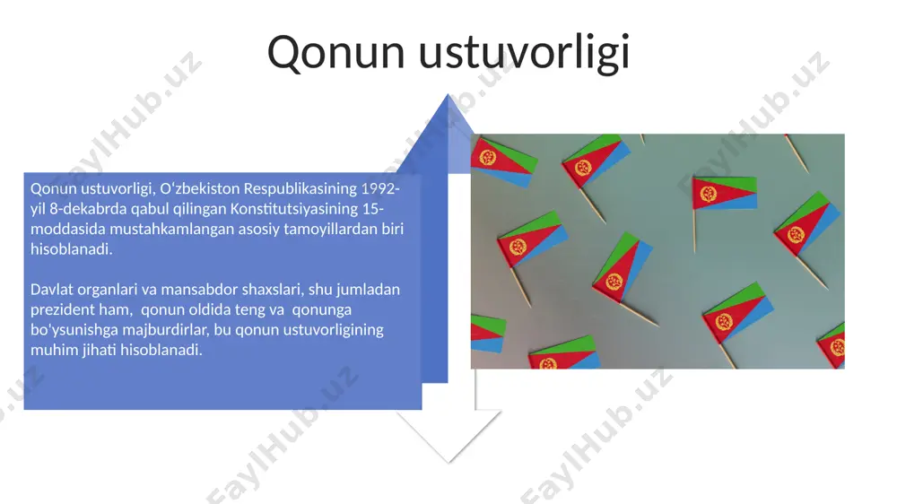 odiyotiga integratsiyalashuvi jarayonini tezlashtirdi va 30 dan ortiq davlat bilan iqtisodiy hamkorlikni rivojlantirishga turtki boʻldi. davlat mustaqilligi e’lon qilingandan soʻng, oʻzbekiston 1991-yilning oxiriga kelib, milliy boyliklar ustidan toʻliq tasarruf etish huquqiga ega boʻldi, bu esa iqtisodiyotni liberallashtirishga yoʻl ochdi. deklaratsiyaning asosiy qoidalari huquqiy jihatdan, deklaratsiya oʻzbekistonning oʻz konstitutsiyasini qabul qilish huquqini, 14-moddada mustaqil tashqi siyosat yuritishini va 7-moddada davlat ramzlari – bayroq, gerb va madhiyani qabul qilish huquqini belgilashga qaratilgan edi. deklaratsiya oʻzbekiston respublikasining suverenitetini, davlat mustaqilligini va hududiy yaxlitligini 1-moddada qatʼiy belgilab berdi, shuningdek, 12-moddada xalqaro huquqning umumiy qabul qilingan normalari va printsiplariga sodiq qolishini tasdiqladi. mustaqillikning bugungi kun natijalari o'zbekiston mustaqillikka erishganidan buyon 10 million dan ortiq yangi ish o'rinlari yaratildi, bu aholining bandligini sezilarli darajada oshirdi. mustaqillikdan so'ng o'zbekistonning yalpi ichki mahsuloti (yaim) 30 baravar oshdi, bu iqtisodiy o'sishning ulkan sur'atini ko'rsatadi. e'tiboringiz uchun rahmat @taqdimot_robot image4.jpg image5.jpg image6.jpg image7.jpg image8.jpg image9.jpg image10.jpg image11.jpg image12.jpg image13.jpg image14.jpg …
