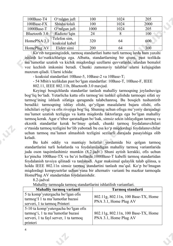 losa shuki, foydalanuvchilar tarmoqda noqulayliklar bo‘lmasligi va zarur dasturiy ta’minotlarni ishlatishlari uchun tezlik 72mbit/s dan kam bo‘lmasligi kerak. shunday qilib kelajakda tarmoqni kengayishi va tarmoq standartini hisobga olgan holda tezlik 72mbit/s emas balki 100 mbit/s bo‘lgani maqadga muvofiq. 8.2. tarmoq standartini tanlash foydalanuvchilarning talablarini chuqur tahlil qilgan holda bo‘lg‘usi tarmoq standarti tanlanadi. agar iste’molchilar talablari o‘rganilmasa, standart tanlashda xatolikka yo‘l qo‘yilishi mumkin, natijada tarmoq vazifasini me’yorida normal amalga oshira olmasligi mumkin. agar bu hol tarmoq tashkil qilinganidan keyin sezilsa, unda foydalanilayotgan qurilma ilojsiz bo‘lib qolishi mumkin. ikki asosiy parametrlarga ega bo‘lgan holda, taxminiy olingan natijalarni o‘rganib, kelajakdagi aniq bog‘lanuvchilar soni va taxminiy ma’lumotlar trafigini aniqlash orqali bo‘lajak tarmoq standartini tanlash bosqichiga o‘tishimiz mumkin. shuningdek, bizning ixtiyorimizda quyidagi tarmoq variantlari mavjud: simli va simsiz, shuningdek, mavjud tarmoq texnologiyalari– ethernet, homepna, homeplug. biz bilamizki bu texnologiyalarning har biri o‘zida ko‘p standartlar va spesifikatsiyalarga ega bo‘lib, har biri o‘zining qulayliklariga ega. 8-jadval asosiy …