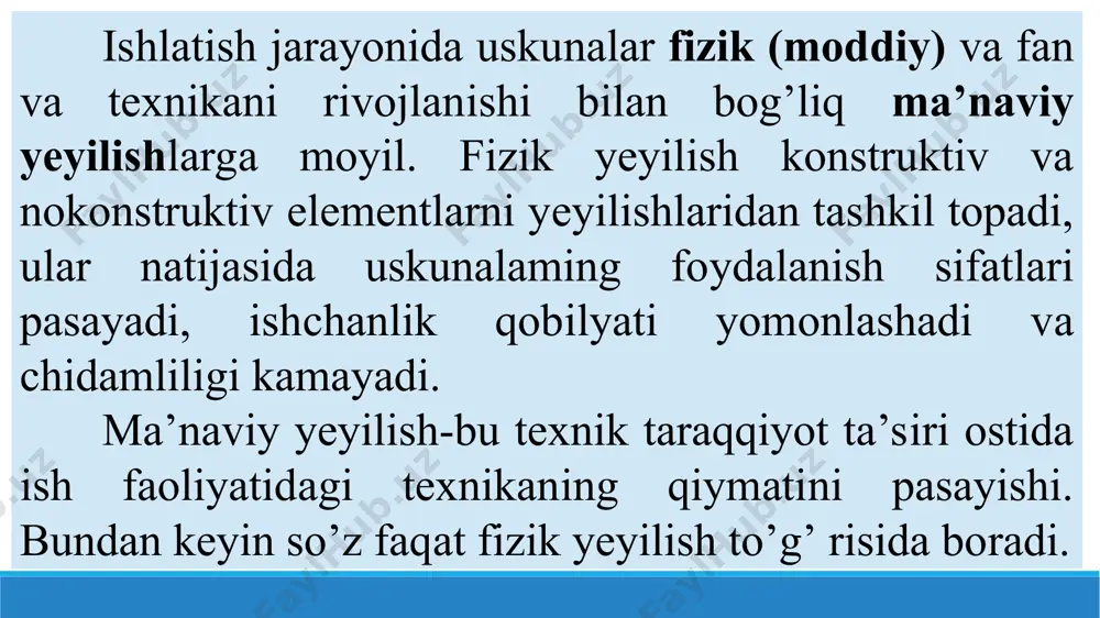 yonlari bilan birga kuzatiladi va kuchayadi) ni birgalikda ta’siri natijasida hosil bo’ladi. kurakli nasoslarni ishlatishda ko’proq gidrobraziv va kavitatsion yeyilishlar hosil bo’ladi. gidrobraziv yeyilishni oqimda muallaq holda suzib yuradigan abraziv zarrachalar keltirib chiqaradi, uning o’ziga xos xususiyati-oqim yo’nalishiga mos tushadigan yo’nalishda, sirt ustida o’yiq chizqlar hosil bo’lishidir. kavitatsion yeyilish ishchi g’ildiragi va qobiq ichida kovaklar, o’yiq va ikki tomoni ochiq teshiklar xosil bo’lishi bilan ajralib turadi. nasoslar ishlayotganda ishqalanayotgan sirtlarning yeyilishi notekis o’sib boradi (1-rasm). birinchi davr oa qism- ishqalanayotgan sirtlarning qo’shimcha yeyilishi keltirib chiqargan yeyilishdan birdan o’sib borishi bilan baholanadi. ikkinchi davr-ab qism-yeyilishni tekis o’sib borishi bilan ajralib turadi. uchinchi davr-b nuqtdan keyin-jadal o’sib boruvchi yeyilish bilan farq qiladi va favqulodda yeyilish deyiladi 1-rasmdagi в nuqtaga to’g’ri keladigan yeyilishga chegaraviy yeyilish deyiladi, bunda detall almashtiriladi. qo’zg’aluvchan tutashmalarni yeyilishi dinamikasi. gidravlik mashinalarda, shu jumladan kurakli nasoslarda oqim harakati bilan bog’liq elementlaridagi bosimni to’yingan suv bug’lari bosimi darajasigacha pasayib ketishi oqibatida …