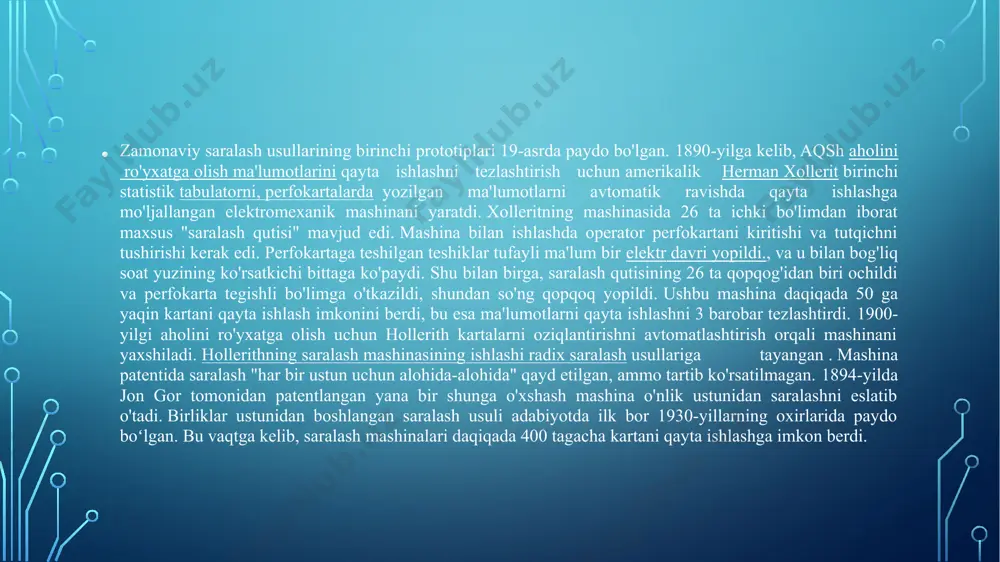 nday qilib, birinchi o'tishdan keyin 24 o'zining to'g'ri joyiga joylashtiriladi. endi biz yana chap pastki massiv va o'ng pastki massivga bo'lish amalini bajaramiz va hokazo. shunday qilib, operatsiyalar har bir bosqichda quyidagi kabi bo'ladi. bu erda nima sodir bo'ldi: birinchidan, u quicksort (array, start_index, end_index) deb nomlandi, keyin bo'lim () chaqirildi va u pivotning chap tomonidagi kichikroq sonlarni va pivotning o'ng tomonidagi yuqori raqamlarni joylashtirdi. va yana quicksort() rekursiv chaqirildi. shunday qilib, biz nihoyat 15 ga erishdik. shundan so'ng, quicksort() har bir qadamda tartiblangan pastki qatorni qaytardi va keyin yana o'ng pastki qatordagi amallar quyidagi rasmdagi kabi bajarildi. shunday qilib, men sizga ushbu uchta rasmda quicksort qanday rekursiv bajarilishini ko'rsatdim. c++da quicksort dasturi #include using namespace std; int partition(int *a,int start,int end) { int pivot=a[end]; // p-indeks pivot qiymat indeksini bildiradi int p_index=start; int i,t; // t vaqtinchalik o'zgaruvchidir // bu erda biz massiv qiymati yoki yo'qligini tekshiramiz // aylanishdan …