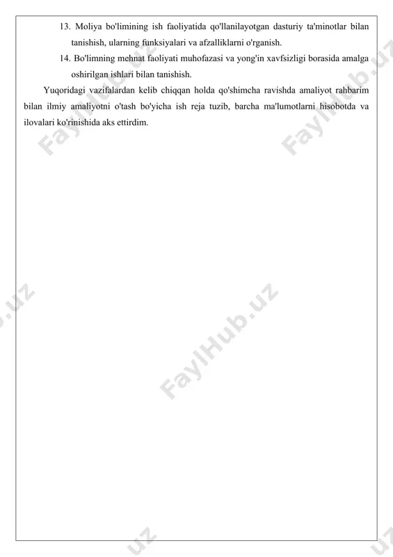 lar mahkamasining, 182-son qarori bilan tanishib chiqish. 9. mahalliy byudjet daromadlari va xarajatlari tarkibi va manbalarini o'rganish. 10. samarqand shahar maktabgacha tarbiya muassasasi, umumta'lim maktabi, sog'liqni saqlash muassasasi xarajatlarini moliyalashtirishini o'rganish. 11. byudjet tashkilotlarida smetalar hamda shtatlar jadvalini tuzish, tasdiqlash va taqdim etish tartibi haqida ko’nikmaga ega bo’lish. 12. byudjet tashkilotlarining moliyaviy natijalari hisobini o'rganish. 13. moliya bo'limining ish faoliyatida qo'llanilayotgan dasturiy ta'minotlar bilan tanishish, ularning funksiyalari va afzalliklarni o'rganish. 14. bo'limning mehnat faoliyati muhofazasi va yong'in xavfsizligi borasida amalga oshirilgan ishlari bilan tanishish. yuqoridagi vazifalardan kelib chiqqan holda qo'shimcha ravishda amaliyot rahbarim bilan ilmiy amaliyotni o'tash bo'yicha ish reja tuzib, barcha ma'lumotlarni hisobotda va ilovalari ko'rinishida aks ettirdim. 1."samarqand viloyati samarqand shahar iqtisodiyot va moliya bo'limi" ning nizomi bilan tanishish. belgilab olingan ish reja asosida ilmiy amaliyotni boshladim. amaliyotning dastlabki kunlaridan boshlab amaliyot rahbari etib belgilangan abbosov alisher ergashovich har kunda reja asosida ishlashimiz lozimligini aytib o'tdilar. so'ngra bizni …