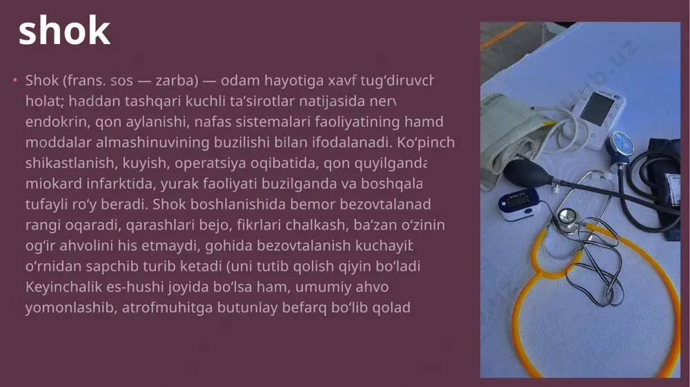 i eritmalar, 5 % li glukoza quyiladi, mos keladigan guruh qonini almashib quyiladi, paranefral novakain blokadasi qilinadi. uremiya bo�lganda me�da yuviladi va «sun�iy buyrak» apparati yordamida gemodializ qilish buyuriladi. gipovolemik shok katta qon ketish yoki suvsizlanish natijasida bccning sezilarli pasayishi bilan yuzaga keladi va qonning yurakka venoz qaytishining keskin pasayishi va kuchli periferik vazokonstriksiya bilan namoyon bo'ladi. sitrat shok natriy sitrat ko’p bo’lgan ko’p miqdordagi qon quyilganda paydo bo’ladi. klinikasi gemodinamika buzilishlar, talvasaga tushish bilan ifodalanadi. davolash uchun 10 % li kalsiy xlorid eritmasi venaga yuboriladi. gemorragik shokning kelib chiqishi o’tkir qon ketishi bilan bog’liq. ammo qon hajmining yo’qotilishi bilan birga uning qancha vaqt davomida ro’yobga kelgani ham katta ahamiyatga ega. gemorragik shok uch bosqichda kechadi: kompensatsiya, subkompensatsiya dekompensatsiya. kompensatsiya bosqichida yurak-qon tomiri sistemasining himoya kompensatsiyasi funksiyasi yaxshi bajarilishi natijasida markaziy gemodinamika uzoq vaqt o�zgarmasdan turadi, qon ketish bartaraf etilganda esa, umuman o�zgarmaydi. subkompensatsiya urat darajadagi qon yo�qotilishida kerakli vositalar …