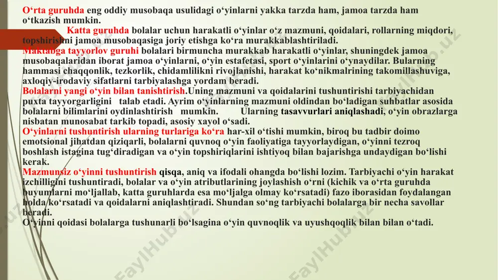 rini saylash mumkin. mazmunli o‘yinlarni tushuntirish. tarbiyachining vazifasi bolalar ko‘zi o‘ngida o‘yin vaziyatining ko‘rgazmali manzarasini gavdalantirishdan, o‘yin obrazlarini yorqin tasvirlashdan, bolalar tasavvuri va hislariga ta’sir etishdan, ularning ijodiy tashabbusni faollashtirishdan iboratdir. buning uchun kichik gruhlarda o‘yinchoq va hikoyadan foydalanishi mumkin. o‘rta guruhlarda – tanish o‘yinni taklif etib, qoidalarini eslatib o‘tish bilan cheklanishi kifoya. katta guruhlarda o‘yin mazmuni eslashni bolalarning o‘zlariga taklif etish maqsadga muvofiqdir. ulardan biri o‘yin harakatlarining borishini bayon qiladi, ikkinchisi qoidalarni sanab beradi. keyinchalik bolalar o‘zlari tarbiyachining yordamisiz o‘yinni tashkil eta boshlaydilar. o‘yinda rollarni taqsimlash.tarbiyachi pedagogik vazifalarga amal qilib (yangi kelgan bolani rag‘batlantirish yoki aksincha, faol bola misolida botir bo‘lish qanchalik muhim ekanligini isbotlash yoki o‘ziga ishongan bola iltimosini rad etib, bu rolni qo‘rqib turgan tortinchoq bolaga topshirish) boshlovchi tayin etishi yoki bolalarni hursand qilgan holda o‘yinga o‘zi kirishib o‘z zimmasiga boshlovchi yoki oddiy ishtirokchi rolini oladi. o‘yinni yakunlash. harakatli o‘yin jismoniy yuklamani kamaytiradigan xolga keltiradigan umumiy yurish …