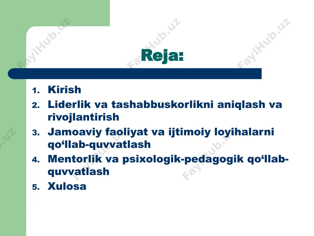 hatlar bilan ta’minlanadi. ushbu reja yoshlarning tashabbuskorligini tizimli rivojlantiradi va ularni real ijtimoiy loyihalarni boshqarishga tayyorlaydi. jamoaviy faoliyat va ijtimoiy loyihalarni qo‘llab-quvvatlash ushbu reja jamoaviy ishlarga yo‘naltirilgan. boshlanishida yoshlar guruhlarini shakllantirish, ularning rol va vazifalarini aniqlash talab etiladi. har bir guruh uchun muammoni tahlil qilish va loyiha taklifini ishlab chiqish mashg‘ulotlari o‘tkaziladi: ehtiyojni aniqlash, maqsad va vazifalarni belgilash, resurslarni aniqlash va loyihani amalga oshirish jadvalini tuzish. qo‘llab-quvvatlash markazi orqali loyihalarga kichik grantlar taqdim etiladi, bu yoshlarni real tajriba orttirishga rag‘batlantiradi. markaz loyihalarni boshqarish bo‘yicha konsultatsiyalar, hujjatlarni rasmiylashtirish va marketing (ijtimoiy tarmoqlarda targ‘ibot) bo‘yicha yordam beradi. har oy yakunida “loyihalar ko‘rgazmasi” va baholash o‘tkazilib, eng samarali tashabbuslar mukofotlanadi va keng miqyosda takomillashtirish imkoniyati ko‘riladi. bu reja yoshlarni jamoaviy ishlarda sinab ko‘rish, mas’uliyatni bo‘lishish va natijaga erishish tajribasini beradi, shuningdek mahalliy hamjamiyat bilan aloqalarni mustahkamlaydi. mentorlik va psixologik-pedagogik qo‘llab-quvvatlash lider va tashkilotchilar uchun barqaror qo‘llab-quvvatlash tizimi — mentorlikdir. dasturda tajribali mutaxassislar (o‘qituvchilar, …