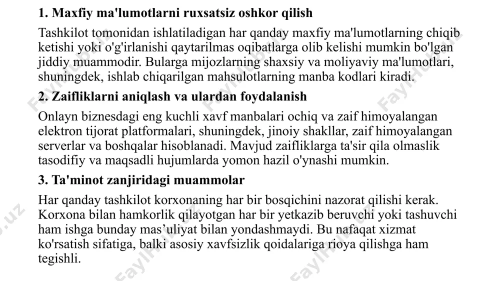 ezoniga ko‘ra tasnifini ishlab chiqish kerak. shunday qilib, asosiy raqamli texnologiyalar uchta guruhga birlashtirilgan: sanoat korxonalarining raqamli texnologiyasi o‘zining ijobiy tomonlari va olib kelishi mumkin bo‘lgan ehtimoliy xavflarga ega bo‘lib, ular jadvalda keltirilgan. umumiy holatda raqamli korxona konsepsiyasi va strategiyasini ishlab chiqish quyidagi bosqichlarda amalga oshiriladi. korxonaning raqamli texnologiyasi bir necha bosqichlardan o‘tadi: raqamli korxona kontseptsiyasi va strategiyasini ishlab chiqish. korxonaning ning joriy holatida raqamli texnologiyalardan foydalanish darajasini baholash va aniq maqsadlarni belgilash. belgilangan maqsadlardan kelib chiqqan holda amalga oshirilishi lozim bo‘lgan ishlar ketma ketligini va strategiyasini tuzib chiqish. axborot tahlili. ko‘p funksiyali mutaxassislar jamoasi yordamida ma’lumotlarni tahlil qilish, keyinchalik to‘plangan ma’lumotlardan tashkilotning ishlashi, qarorlar qabul qilish, intellektual tizimlarni loyihalash, mahsulotlarni takomillashtirish, yangi takliflar va xizmatlarni yaratish uchun foydalanish kerak. kerakli resurslarni aniqlash. maqsadga erishish uchun zarur resurslarni batafsil aniqlash, biznes jarayonlarini takomillashtirish uchun mutaxassislarni jalb qilish va o‘qitish, yangi texnologiyalarni joriy etish strategiyalarini ishlab chiqish kerak. g‘oyaning hayotiyligini sinab …