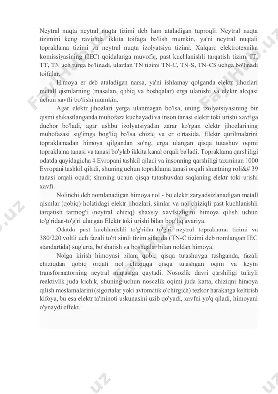 neytral chiziqdan chiqqanda. chiziq kuchlanishi, fazali chiziq va nol chiziq orasidagi kuchlanish deb nomlanadigan fazali chiziq kuchlanishi orasidagi ushbu chiziq fazali kuchlanish deb ataladi. neytral nuqta neytral nuqta tizimi deb ham ataladigan tuproqli. neytral nuqta tizimini keng ravishda ikkita toifaga bo'lish mumkin, ya'ni neytral nuqtali topraklama tizimi va neytral nuqta izolyatsiya tizimi. xalqaro elektrotexnika komissiyasining (iec) qoidalariga muvofiq, past kuchlanishli tarqatish tizimi it, tt, tn uch turga bo'linadi, ulardan tn tizimi tn-c, tn-s, tn-cs uchga bo'linadi toifalar. himoya er deb ataladigan narsa, ya'ni ishlamay qolganda elektr jihozlari metall qismlarning (masalan, qobiq va boshqalar) erga ulanishi va elektr aloqasi uchun xavfli bo'lishi mumkin. agar elektr jihozlari yerga ulanmagan bo'lsa, uning izolyatsiyasining bir qismi shikastlanganda muhofaza kuchayadi va inson tanasi elektr toki urishi xavfiga duchor bo'ladi, agar ushbu izolyatsiyadan zarar ko'rgan elektr jihozlarining muhofazasi sig'imga bog'liq bo'lsa chiziq va er o'rtasida. elektr qurilmalarini topraklamadan himoya qilgandan so'ng, erga ulangan qisqa tutashuv oqimi …