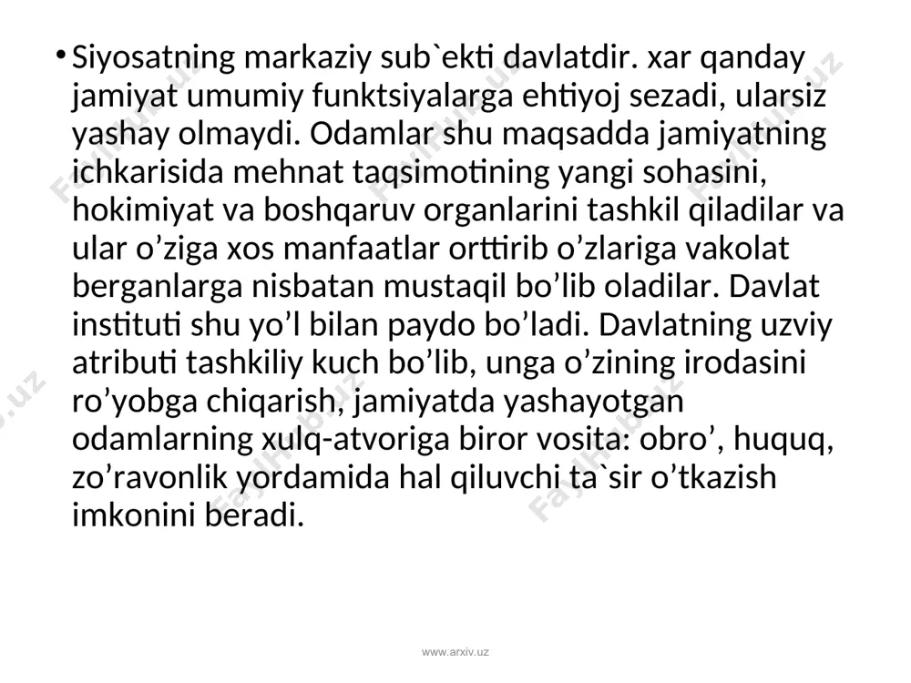 omatligini mustahkamlashning moddiy bazasini kengaytirish, uning ma`lumot va madaniy darajasi o’sishini nazarda tutadi. www.arxiv.uz www.arxiv.uz davlat siyosatida jamiyatdagi iqtisodiy, siyosiy, huquqiy hodisa va faktlarning, shaxs va jamiyat o’zaro munosabatlarining, shuningdek, shaxslararo munosabatlarning bahosi hisoblanadigan va shaxsning, guruhning jamiyatdagi roli va ijtimoiy mavqei orasidagi, faoliyat va uning mukofoti, mehnat va haq, jinoyat va jazo, odamlarning xizmati va ularning ijtimoiy e`tirof etilishi o’rtasidagi mutanosiblikni ifodalaydigan ijtimoiy adolatni ta`minlash muhim o’rin tutadi. ular o’rtasidagi har qanday nomutanosiblik adolatsizlik sifatida baholanadi. www.arxiv.uz www.arxiv.uz ijtimoiy siyosat jamiyatning joriy va istiqboldagi manfaatlari, turli qatlamlar, ijtimoiy institutlar manfaatlari o’rtasidagi ziddiyatlarni hal qilish, jamiyatning ijtimoiy taraqqiyot uchun zaruriy “to’laydigan haqi”ni pasaytirish va korrektsiya qilishga yo’naltirilgan. shu munosabat bilan ijtimoiy siyosat farovonlikni rivojlantirish, aholi turli qatlamlarini qo’llab-quvvatlash miqyoslaridagi ustuvorliklarni belgilashga bevosita aloqador. odatda, ijtimoiy siyosat ijtimoiy ishning turli shakllari, davlatning bir martalik yirik qarorlari va tadbirlari, shuningdek, ijtimoiy (maxsus va kompleks) dasturlari orqali amalga oshiriladi. www.arxiv.uz www.arxiv.uz davlat sektori …