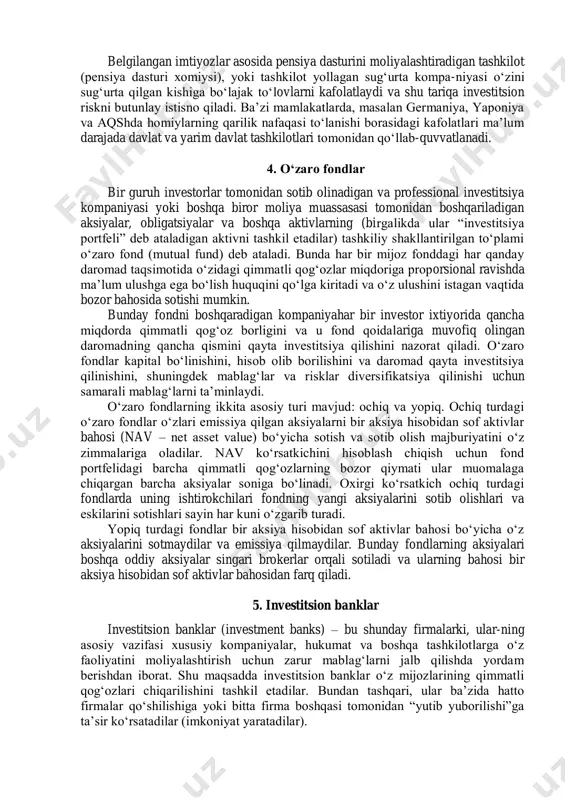 larining qarzdorlik majburiyatlari sifatida amalda bo‘ladi. xizmat ko‘rsatilgani uchun mijoz tomonidan to‘lanadigan pullar sug‘urta mukofoti deyiladi. mijozlar sug‘urta mukofotini xizmat ko‘rsatilishdan avval to‘laganlari sababli, sug‘urta kompaniyalari ushbu pul mablag‘larini ma’lum vaqt mobaynida ishlatadilar. bu muddat bir yildan kam bo‘lishi ham mumkin. shuningdek, bir necha o‘n yillarga cho‘zilishi ham mumkin. sug‘urta kompaniyalari mijozlardan olgan sug‘urta mukofotlarini turli xil moliyaviy aktivlarga: aksiyalar, obligatsiyalar va ko‘chmas mulkka qo‘yadilar. 3. pensiya fondlari pensiyani rejalashtirish dastur (pensiya reja)larida ishtirok etish fuqaroning shaxsiy jamg‘armasi va mamlakatda ijtimoiy ta’minot dasturida ko‘zda tutilgan pensiya imtiyozlari bilan bir qatorda pensiyaga chiqqan odamga pensiyaga chiqishdan oldingi daromadlarni o‘rnini bosadigan yangi daromad manbai bo‘lib xizmat qiladi. pensiyani rejalashtirish dasturlari ish beruvchi, kasaba uyushmasi yoki xodimning o‘zi tomonidan moliyalashtiriladi. pensiya dasturlari ikki turga bo‘linadi: belgilangan badallarga asoslangan pensiya dasturi, yoki jamg‘arma (jamg‘ariladigan, jamg‘arish) pensiya dasturi (defined-contribution pension plan) va belgilangan imtiyozlarga asoslangan pensiya dasturlari, yoki rag‘batlantirish pensiya dasturi (defined-benefit pension plan). jamg‘arma …