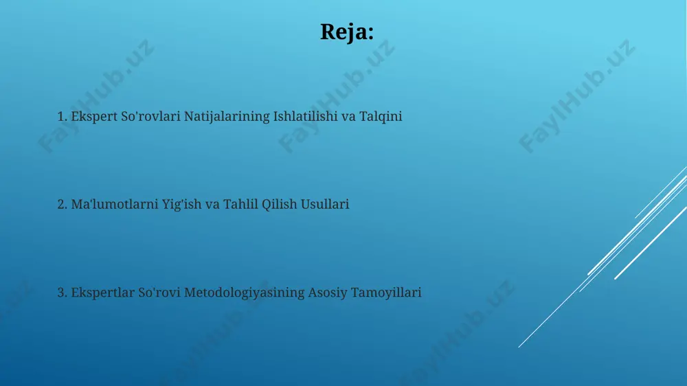 un, ekspertlar guruhi tomonidan baholashning ikki bosqichli jarayoni (2 bosqichli) qo'llanilishi tavsiya etiladi. hisobot tuzuvchi “hisobot tuzuvchi”da kamida 50 ta ekspertning javoblari tahlil qilinib, natijalar 95% ishonchlilik darajasi bilan taqdim etilishi mumkin. so'rovnoma orqali yig'ilgan ma'lumotlarni "hisobot tuzuvchi" yordamida 3 ta asosiy guruhga ajratish va har bir guruh bo'yicha o'rtacha qiymati, standart chetlanishi va chastotasi ko'rsatilishi mumkin. cheklovlar va kamchiliklar анонимликнинг таъминланмаслиги ва экспертларнинг шахсий фикрларини очиқ билдиришининг қийинлиги 15-20% гача маълумотларнинг ишончлилигига таъсир этиши мумкин. кўпчилик экспертларнинг вақт чекланганлиги ва иштирок этишга тайёрлигининг пастлиги (30% дан камроқ) сўровноманинг натижаларига таъсир этиши мумкин. tadqiqot maqsadini belgilash maqsadli auditoriya (masalan, 3 ta asosiy segment) va ularning xususiyatlarini aniq belgilash, so'rovnoma savollari va tahlil usullarini tanlashda muhim rol o'ynaydi. expertlarning tajriba darajasi va soha bilimlariga mos ravishda (kamida 10 yillik tajribaga ega 20 nafar ekspert) namunani shakllantirish, natijalar ishonchliligini oshiradi. natijalarni talqin qilish agar 20% dan kam javob beruvchi ma'lum bir savolga …