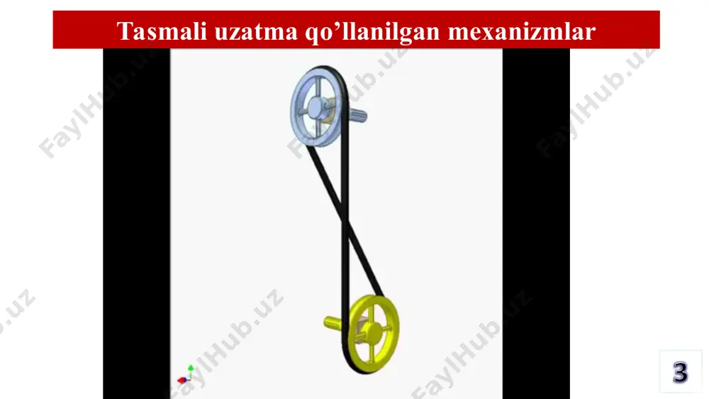 rasidagi masofa: 11. tasma qatlamining 1 mm eniga to’g’ri keladigan ruxsat etilgan ishchi yuklanishning hisobiy qiymati [p] aniqlaniladi, mpa bu yerda : [p0], mpa – 1 mm tasma eni uchun ruxsat etilgan ishchi yuklanish, [p0] - ning qiymati 6-jadvaldan, dmin/ nisbatning hamda tavsiya etilgan qiymatlari bo’yicha tanlanadi ([p0]=1.6). 6-jadval ruxsat etilgan ishchi yuklanishning qiymatlari [r0], mpa. tasma turi dmin/ 20 25 30 35 40 45 50 60 75 100 charm tasma 1,4 1,7 1,9 2,04 2,15 2,23 2,3 2,5 2,5 2,6 rezina matoli tasma 1,35 1,5 1,6 1,67 1,72 1,77 1,8 1,85 1,9 1,95 ip gazlamali tasma 1,35 1,5 1,6 1,67 1,72 1,77 1,8 1,85 1,9 1,95 eslatma: jadval p0 = 1,8 n/mm qilib olingan hol uchun tuzilgan. agar p0 = 2,0 n/mm qilib olinsa, [p0] ning qiymati jadvaldagidan 10% ko’p qilib olinadi; agar shkivlar plastmassalardan tayyorlangan bo’lsa, 20% ga oshiriladi; nam va changli sharoitda ishlaydigan uzatmalar uchun 10-30 % …