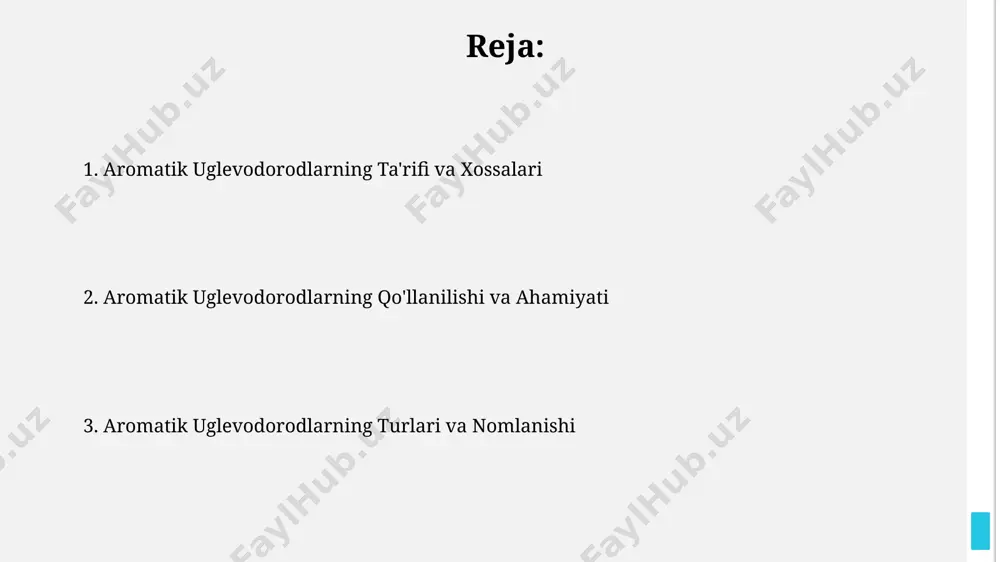 romatik uglevodorodlarga aylantirishga imkon beradi, bu jarayonda oktanni 80 dan yuqori bo'lgan yuqori oktanli benzin olish mumkin. aromatik uglevodorodlarni ko'mirni quruq distillash yo'li bilan olish mumkin, bu jarayonda 300 dan ortiq organik birikmalar, shu jumladan, benzol, toluol va ksilen kabi muhim aromatik uglevodorodlar hosil bo'ladi. aromatik uglevodorodlarning biologik ta'siri ba'zi aromatik uglevodorodlar, masalan, politsikl kanserogenlar (pahs), dnk bilan o'zaro ta'sir qilib, saraton kasalligiga olib keluvchi mutatsiyalarni keltirib chiqarishi mumkin. naftol va fenol kabi aromatik birikmalar teriga kuchli ta'sir ko'rsatib, allergik reaktsiyalarni, dermatit va shish paydo bo'lishini keltirib chiqarishi mumkin. aromatik uglevodorodlarning turlari aromatik uglevodorodlar tarkibiga heteroatomlar, masalan, azot, kislorod yoki oltingugurt atomlari kirishi mumkin, bu esa ularning xossalarini sezilarli darajada oʻzgartiradi va geterosiklik aromatik birikmalarni hosil qiladi, masalan, piridin yoki furan kabi 5 yoki 6 a’zoli halqalar. aromatik uglevodorodlarning asosiy turlaridan biri – benzolning gomologlari boʻlib, ularning molekulalarida bir yoki bir necha alkil guruhlari benzol halqasiga birikkan boʻladi, masalan, toluol …