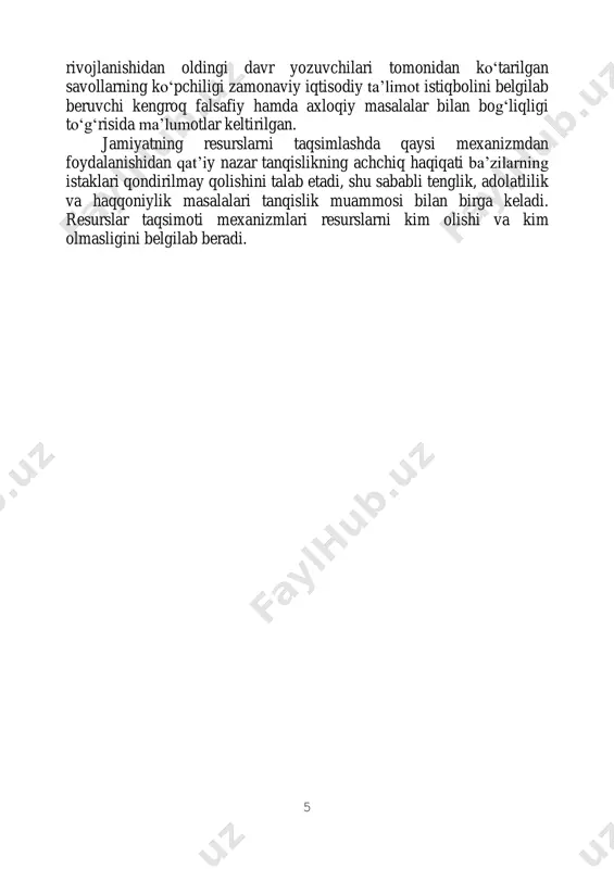 ri tushinishda muhim ahamiyat kasb etadi. hozirgi davrda iqtisodiyot har bir inson hayotiga jo‗shqinlik bilan kirib bormoqda va odamlar iqtisodiyot to‗g‗risida imkoni boricha ko‗proq bilishga intilmoqdalar. bundan ummon kabi keng iqtisodiyot fanini o‗rganishni nimadan boshlamoq kerak, degan savol tug‗ilishi tabiiy. iste‘molchilar xohishlari odatda, chegaralanmagan va cheksizdir, ammo resurslar (odatda yer, mehnat, kapital va tadbirkorlik layoqati) cheklangandir. tanqislik muammosini hal qilish uchun cheklangan iqtisodiy resurslarni cheklanmagan muqobil variantlar (xohish-istaklar) o‗rtasida adolatli taqsimlaydigan ijtimoiy mexanizm zarur. bunday taqsimot bir tarafdan iste‘molchi istaklarini kamaytirishi va cheklashi kerak, ikkinchi tomondan esa iqtisodiy resurslar va ne‘matlarni yetkazib berishni ko‗paytirishi kerak. 1 shifokor davolanuvchini tuzatishni uning kasallik tarixidan boshlagani kabi iqtisodiyotni o‗rganishni ham tarixdan boshlash zarur. albatta, bugungi va ertangi kun muammolarini to‗la hal etishda o‗tgan 1 history of economic thought. harry landreth, david c. colander-16 b. 7 asr iqtisodchilaridan barcha savollarga tayyor javob topish qiyinligi aniq, ammo o‗tgan donishmandlarning fikr-mulohazalari hozirgi va kelajak to‗g‗risida to‗g‗ri …