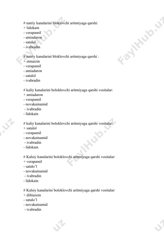 adikardik vositalar): + falipamil - satalo’l - novakainamid - etmaizin - amiadaron # natriy- kaliy kanalarini boloklovchi aritmiyaga qarshi vositalar (bradikardik vositalar): + alinidin - satalo’l - novakainamid - difinin - veropamin # kardioselektiv betta- adrenoblekatorni ko’rsating: + atenolol - anaprilen - izadrin - atrpin - efedrin # difenini aritmiyaga qarshi 2 xususiyati: + avtomatizmni susaytiradi + xarakat patensiali qisqaradi - avtomatizimni kuchaytiradi - oʻtkazuvchanlikni, qisqaruvchanlikni oshiradi # bradiaritmiya va oʻtkazuvchanlikning buzulishida qoʻlaniladigan 2 gurux vositalari: + m- xolinoblokatorlar + beta- adrenomimetiklar - m- xolinomimetiklar - alfa- adrenomimetiklar # difenini aritmiyaga qarshi 2 ta xos bo’lmagan xususiyati: + avtomatizimni kuchaytiradi + oʻtkazuvchanlikni, qisqaruvchanlikni oshiradi - avtomatizmni susaytradi - xarakat patensiali qisqaradi # lidokaining aritmiyaga qarshi 2xususiyati: + qiska va tez ta'sir kursatadi + avtomatizmni susaytiradi - davomliy va uzok ta'sir kursatadi - avtomatizimni kuchaytiradi # antiaritmik 2ta kaliy preparati: + kaliy xlorid + tabletka«panangin» - kaliy sulfat - tabletka«nitrong» # …
