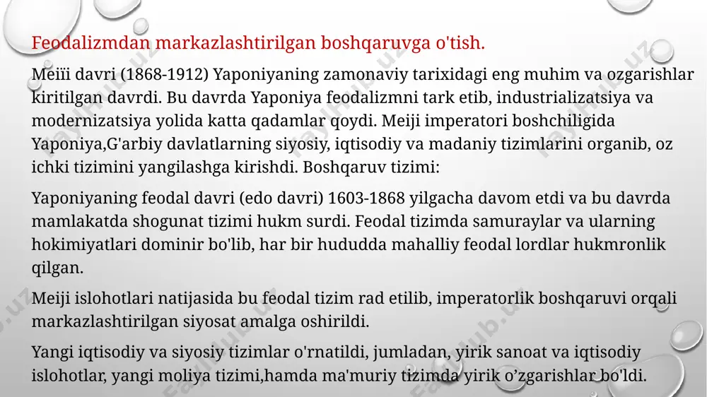 ik inqiloblar sharoitida doimiy ravishda rivojlanib kelmoqda.boshqaruvning yuqori samaradorligini ta'minlash uchun yaponiyaning boshqaruv tizimi ozining ichki siyosiy va iqtisodiy doirasinikengaytirish bilan birga, jahondagi global ozgarishlarga ham tezda moslashmoqda. ijtimoiy barqarorlik: yaponiyaning ijtimoiy siyosati asosida sog 'liqni saqlash, ta lim,mehnat bozorida tenglikni ta'minlash va aholi farovonligini oshirishga alohida e'tibor qaratilmoqda. ijtimoiy inqirozlarning oldini olish va fuqarolarning ehtiyojlarini qondirish uchun samarali boshqaruvning amalga oshirilishi muhim. iqtisodiy rivojlanish: yaponiya iqtisodiyoti texnologik yangiliklarni o 'zlashtirish orqali o'sishga erishdi. aponiyaning "sanoat 4.0" strategiyasi,yuqori texnologiyali mahsulotlar va xizmatlarni ishlab chiqarish orqali mamlakat o'z iqtisodiy rivojlanishini davom ettiradi. shuningdek, iqtisodiy inqirozlar yoki global iqtisodiy o'zgarishlarga qarshi turish uchun iqtisodiy boshqaruvning turli mexanizmlari ishlab chiqilmoqda yaponiya, global arxitekturadagi oz omini mustahkamlashga va xalqaro aloqalarini yanada rivojlantirishga harakat qilmoqda. xalqaro miqyosda yaponiyaning boshqaruv tizimi o’zaro hamkorlik va diplomatik munosabatlarda yuqori ahamiyatga ega bolib qoladi. xalqaro aloqalar: yaponiya, asosan, aqsh, yevropa ittifoqi va osiyo mintaqasida faol diplomatikaloqalarni rivojlantirmoqda. shu bilan …