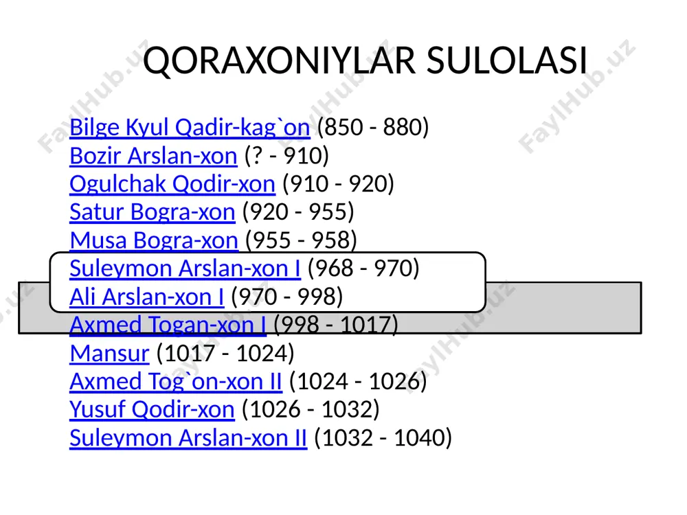 ar orqasida tanglik holatiga tushib qolgan edi. bundan foydalangan qoraxoniylar hukmdorlari - hasan va nasr bug’roxonlar etakchiligidagi qo’shin somoniylar qarshiligini qiyinchiliksiz engib, ikki bor (992 va 999 yillarda) buxoroni egallaydi, somoniylar sulolasining so’nggi vakili ismoil al99 muntasir (1000-1005) hukmronligi barham topdi. oqibatda butun movarounnahr hududlari qoraxoniylar tasarrufiga o’tadi. shu tariqa, qoraxoniylar hukmronligi katta hududlarga yoyiladi. minorai kalon. buxoro xii asr. qoraxoniylarning movarounnahrdagi hukmronligi murakkab ijtimoiysiyosiyvaziyatda, turli sulolaviy urushlar, ziddiyatli jarayonlar girdobida kechgan. ayniqsa xonlikning muhim hayotiy markazlari hisoblangan samarqand, buxoro, balx va termiz kabi joylarni qo’lga kiritish uchun saljuqiylar, qoraxitoylar bilan ko’p bor urush harakatlari olib borilgan. xususan, saljuqiylarning so’ngi podshohi sulton sanjar (1118-1157) qoraxoniylarning movarounnahrdagi hukmdori arslonxon (1102-1130)ning 100 zaiflashib qolganligidan va mahalliy ruhoniylar fitnasidan foydalanib, samarqand va uning atroflarini bosib oladi. shundan so’ng qoraxoniylar sulolasiga mansub mahalliy xonlar amalda sulton sanjarga tobe bo’lib qoladilar. . qoraxoniylar davrida movarounnahrning ijtimoiy-iqtisodiy hayotida bir qator muhim o’zgarishlar yuz beradi. birinchidan, qoraxoniylar …
