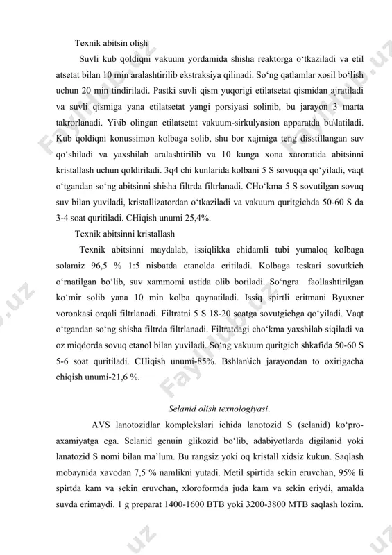 atga ega. selanid genuin glikozid bo‘lib, adabiyotlarda digilanid yoki lanatozid s nomi bilan ma’lum. bu rangsiz yoki oq kristall xidsiz kukun. saqlash mobaynida xavodan 7,5 % namlikni yutadi. metil spirtida sekin eruvchan, 95% li spirtda kam va sekin eruvchan, xloroformda juda kam va sekin eriydi, amalda suvda erimaydi. 1 g preparat 1400-1600 btb yoki 3200-3800 mtb saqlash lozim. preparatda selanid miqdori quruq modda ximobida 95,0-105,0 % bo‘lishi kerak. selanid dunyo tibbiyot amaliyotida yurak-qon tomirlari kasalliklarini davolashda ishlatiladi. selanidni digitoksin va strofantin bilan davolash ko‘rsatmalari kabi tavsiya etish mumkin. texnik selanid olish shisha reaktorga vakuum yordamida fazalarni tayyorlash uchun pastki teshik orqali xloroform dixloretan, metanol va shu miqdorda disstillangan suv solinadiki, bunda aralashtirilgandan so‘ng engil va o\ir fazalar xajmlari taxminan bir xil bo‘lishi kerak. reaktordagi aralashma moddalar 10 min davomida aralashtiriladi. bo‘ktirish va fazalar ajratish uchun 1 sutkaga qoldiriladi. solishtirma o\irligi 1,315 g sm bo‘lgan o\ir faza va solishtirma o\irligi 0.946 …