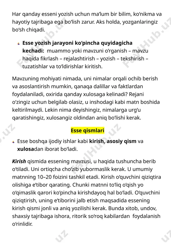 ingiz mumkin. biroq bunga ko‘p kirishib ketmang. ular haqida asosiy qismda batafsilroq yozish imkoningiz bor. · kirish qismini quyidagicha strukturada yozgan ma’qul: mavzuga aloqador umumiy gap + mavzuni qayta nomlash + tezis tezis – asosiy g’oya, siz ilgari suradigan qarash yoki argument. ya`ni mavzuga nisbatan shaxsiy munosabat! yozganlaringiz unga yo‘naltiruvchi bo‘ladi. zarur bo‘lsa, mavzuga doir turli qarashlarni, jumladan, bir-biriga zid qarashlarni ham sanab o‘tish mumkin. tezis qisqa bo‘lsin. maqsad – o‘quvchining diqqatini mavzuga qaratish va sizning mavzu bo‘yicha pozitsiyangizni bildirib qo‘yish. “bugungi kunda televideniye orqali namoyish qilinadigan turli mahsulotlar reklamalariga ko‘pchilik salbiy munosabat bildiradi. ayrimlar esa bunday reklamalarni kerakli deb hisoblashadi”. endi shu mavzuning kirish qismi qanday bo‘lishi mumkin? “reklamalar bugungi kunda har qanday ishlab chiqaruvchining kuchli sotuv quroliga aylanib qoldi. televideniye orqali namoyish qilinuvchi turli reklamalarga insonlarning har xil qarashlarini ko‘rishimiz mumkin. ayrimlar ularning tarafdori bo‘lsa, ba’zilar ularning namoyishini yoqlamaydi. xo‘sh, bunday reklamalar bizning hayotimizda keraklimi?” asosiy qismda tezisni …