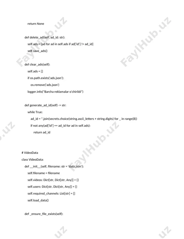 'file_id', ''), 'likes': video_data.get('likes', 0) }) if len(results) >= limit: break return results def add_like(self, code: str, user_id: int) -> bool: if code not in self.videos: return false if 'likes' not in self.videos[code]: self.videos[code]['likes'] = 0 if 'liked_by' not in self.videos[code]: self.videos[code]['liked_by'] = [] if user_id not in self.videos[code]['liked_by']: self.videos[code]['likes'] += 1 self.videos[code]['liked_by'].append(user_id) self.save_data() return true return false def get_likes_count(self, code: str) -> int: return self.videos.get(code, {}).get('likes', 0) def increment_user_video_count(self, user_id: int): user_id_str = str(user_id) if user_id_str in self.users: self.users[user_id_str]['video_count'] = self.users[user_id_str].get('video_count', 0) + 1 self.save_data() def increment_video_views(self, code: str): if code in self.videos: if 'views' not in self.videos[code]: self.videos[code]['views'] = 0 self.videos[code]['views'] += 1 self.save_data() def get_views_count(self, code: str) -> int: return self.videos.get(code, {}).get('views', 0) # keyboards def get_admin_keyboard(): buttons = [ [types.keyboardbutton(text="🎬 video qo'shish"), types.keyboardbutton(text="🗑 video o'chirish")], [types.keyboardbutton(text="📊 statistika")], [types.keyboardbutton(text="📝 reklama qo'shish"), types.keyboardbutton(text="🗂 mavjud reklamalar")], [types.keyboardbutton(text="📤 reklama tarqatish")], [types.keyboardbutton(text="🔧 majburiy kanallar")] ] return types.replykeyboardmarkup(keyboard=buttons, resize_keyboard=true) def get_cancel_keyboard(): return …