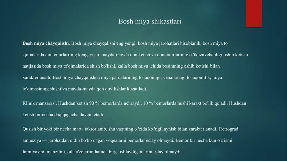 ruhga bo 'linadi. 1. tlrumiy miya belgilari — bosh og'riq, ko 'ngil aynish, qusish, bosh aylanish, bular miya ichidagi bosimning oshib ketishi natijasida sodlr bo'ladi. 2. hbhalliy miya belgilari. bular yengil anizokoriya, nistagm, parezlar, nutq buzilishlari va qaltirashlar bilan kechadi. yengil shaklida umumiy miya belgilari ko 'p rivoj lanmagan, mahalliy miya belgilari esa miya chaycplishidagidan ko 'ra ko 'proq saqlangan bo 'ladi. yuzda asimmetriya, nistagm yoki nistagmoid, gapirishning buzilishi, mushaklar tonusining oshishi, meningial belgilar phydo bo'ladi, kasallik 2—3 hattagacha davom etadi. hushdan ketish bir necha daqiqadan bir necha soatgacha davom etadi. o'rta og'ir shaklida hushdan ketish bir necha daqiqadan 4—6 soatgacha davcm etadi. bunda bosh og'riq juda kuchli bo'lib, qusish ko'p marta takrorlanib turadi. ruhiyatning buzilishi bir necha kungacha davon etadi, retrograd ameneziya kuzatiladi. umumiy miya belgilari rivojlangan bo'ladi (bosh og'riq, qusish), mahalliy miya belgilari esa miya ustunining zararlanishidan kelib chiqadigan belgilardir. bularga ko'z qorachig'i bosh miya shikastlari reflekslarining buzilishi, …