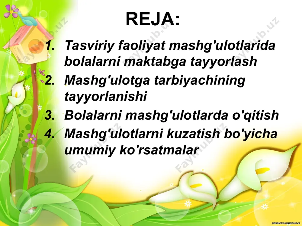 tanishadilar. maktabda tasviriy san'atning turlari - rangtasvir, grafika, haykaltaroshlik va dekorativ san'at asarlari bilan yanada chuqurroq tanishadilar. maktabgacha ta'lim muassasasida tasviriy faoliyal mashg'ulotlari xilma-xildir. masalan, rasm, mazmunli dekorativ va loy applikatsiya mashg'ulotlari. maktabgacha ta'lim muassasalarida barcha mashg'ulotlarga katta ahamiyat beriladi. maktabda esa tasviriy san'at darslarida rasm (naturaga qarab) mavzu asosida va dekorativ turlari o'tkaziladi. bunda predmetli rasm bo'yicha naturaga qarab rasm chizish o'quv predmeti alohida ahamiyatga ega bo'ladi. loy applikatsiya, qurish-yasash bo'yicha amaliy ishlar maktabda qo'l mexnatiga kiritiladi. boshlang'ich sinf tasviriy san'at dasturining tahlili shuni ko'rsatadiki, predmetli, rasm bo'yicha o'quv vazifalari ancha murakkab tarzda kiritilishidan tashqari, bolalar bog'cha dasturi bo'yicha ayrim takrorlash ishlari kiritildi. 1-sinfda bolalar doira, kvadrat, to'rtburchak, oval kabi tuzilishga ega bo'lgan predmetlami aniqlashga o'rganadilar, bog'chada bolalar oldiga qo'yilgan vazifa rasm chizish texnikasini egallashdir. bunga sabab, hamma bolalar bog'chadan maktabga kelmaydilar va shu bois bolalar bilan ishni maktabga kelguncha, tayyorlov guruhda olgan bilimlardan boshlash lozim. mavzu asosida rasm …
