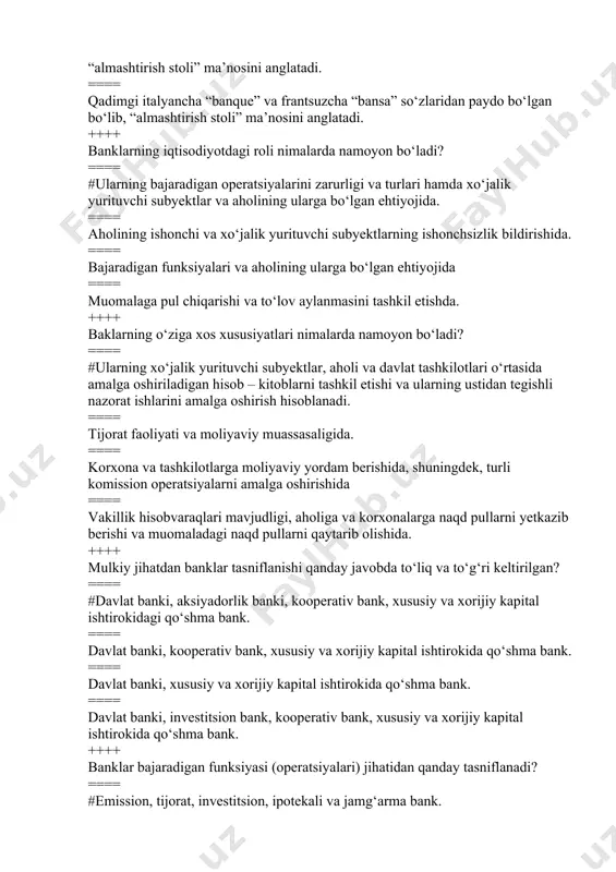 i oldidagi majburiyatlarini o‘z vaqtida bajarmasa. ==== aholi va mijozlarning kreditga, ayniqsa naqd pulga bo‘lgan talabining to‘liq va o‘z vaqtida qondirilmasa. ==== mijozlarning hisobvaraqlari bo‘yicha mablag‘lar qoldig‘i va aylanmalari haqida bank sirining ta’minlanmasa. ++++ ibodatxonalar tomonidan hisobga olish operatsiyalarining yuzaga kelishiga sabab nima? ==== #operatsiyalar hajmi va ularda ishtirok etuvchilar sonining ko‘payishi ==== insonlarning dunyoqarashi ortganligi ==== ayirboshlash munosabatlarining rivojlanishi ==== pulning bir shakldan boshqa bir shaklga o‘zgarishi ++++ savdo uylari qaysi operatsiyalarni amalga oshirishgan? ==== #tovarlarni sotib olish va sotish bo‘yicha komission operatsiyalar; ssudalar berish; mijozni nomidan to‘lovlarni amalga oshirish; ishonch operatsiyalari ==== tovarlarni sotib olish va sotish bo‘yicha komission operatsiyalar; depozit jalb qilish ==== omonat; ssudalar berish; mijozni nomidan to‘lovlarni amalga oshirish; ishonch operatsiyalari ==== mijozni nomidan to‘lovlarni amalga oshirish ++++ xitoy markaziy banki bu ………… ==== #xitoy xalq banki ==== xitoy milliy banki ==== xitoy banki ==== xitoy davlat banki ++++ qozog’iston markaziy banki bu ………… ==== …