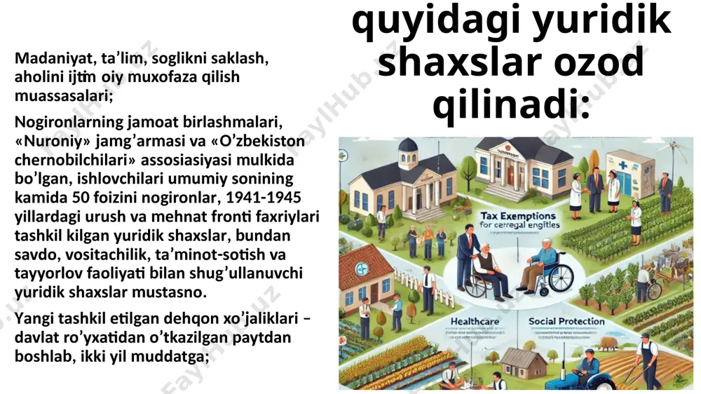 k faoliyatida suvdan foydalanuvchi yakka tadbirkorlar suvdan foydalanuvchi dehqon xo’jaliklari suv resurslari foydalanilgan suvning hajmi o`r rezidenti bo`lgan yuridik shaxslar suv resurslaridan foydalanganlik uchun soliqni hisoblab chiqarishda soliq solinadigan baza quyidagi hajmlarga kamaytiriladi: 1) sog`liqni saqlash muassasalarida davolash maqsadida foydalaniladigan yer osti mineral suvlari hajmiga (sotish uchun foydalanilgan suv hajmidan tashqari); 2) dori vositalarini tayyorlash uchun foydalaniladigan suv hajmiga; 3) atrof muhitga zararli ta’sir ko`rsatishining oldini olish maqsadida chiqazib olinadigan yer osti suvlari hajmiga; 4) shaxtadan suvlarni qochirish uchun, foydali qazilmalarni qazib olish vaqtida chiqazib olingan va qatlamdagi bosimni saqlab turish uchun yer qa’riga qaytarib quyiladigan yer osti suvlari hajmiga; 5) gidroelektr stansiyalari gidravlik turbinalarini harakatga keltirish uchun foydalaniladigan suv hajmiga; 6) qishloq xo`jaligiga mo`ljallangan sho`rlangan yerlarni yuvish uchun foydalaniladigan suv hajmiga. respublikamiz qonunchiligiga ko’ra mavjud yer osti boyliklari davlat mulki hisoblanadi.o’zbekiston respublikasining 1994 –yil 23 sentabirdagi “yer osti boyliklari to`g`risida”gi qonuniga muvofiq 1995- yildan boshlab yer osti boyliklaridan foydalanganlik …