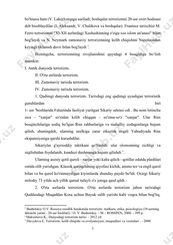 irishdi, chunki bu qotillik usuli ma'buda kali uchun marosim qurbonligi edi. bu tariqat a'zolaridan biri: "kimki bir marta bo'lsa ham qurbonlikning shirinligini his qilsa, u har xil hunarmandchilikni o'zlashtirgan va dunyodagi barcha oltinlarga ega bo'lsa ham, u allaqachon bizdandir. men o'zim ham ancha yuqori lavozimni egallaganman, yaxshi ishlaganman va martabaga umid qilardim. lekin mazhabimizga qaytganimdan keyingina o'zimga aylandim", dedi. 3. zamonaviy tarixda terrorizm. yangi davr turli yo‘nalishlari bilan ajralib turadigan ko‘plab terrorchilik harakatlarini keltirib chiqardi. va shuning uchun bu vaqt ichida terrorchilik faoliyatining asosiy shakllarini ajratib ko'rsatish muhim ko'rinadi. ulardan asosiylari: siyosiy terrorizm, millatchilik terrorizmi, diniy terrorizm, jinoiy terrorizm. siyosiy terrorizm – mamlakatdagi konstitutsiyaviy tuzum yoki iqtisodiy tuzumni tubdan yoki qisman oʻzgartirish maqsadida siyosiy subʼyektlar tomonidan uyushgan zoʻravonlik qoʻllashdan (yoki qoʻllash bilan tahdid qilishdan) iborat boʻlgan siyosiy kurash taktikasidir. terror harakatini siyosiy qiladigan narsa uning motivi va yo'nalishidir [footnoteref:6]. [6: manatskov, i.v. siyosiy terrorizm: ta'rif muammolari//jamiyat va huquq-2013.-№4.p.273-276 ] masalan, …