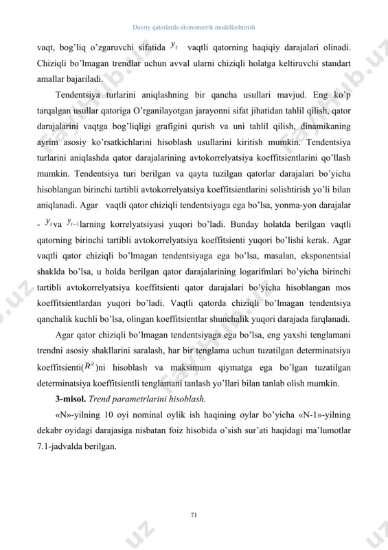 i bo’ladi. vaqtli qatorda chiziqli bo’lmagan tendentsiya qanchalik kuchli bo’lsa, olingan koeffitsientlar shunchalik yuqori darajada farqlanadi. agar qator chiziqli bo’lmagan tendentsiyaga ega bo’lsa, eng yaxshi tenglamani trendni asosiy shakllarini saralash, har bir tenglama uchun tuzatilgan determinatsiya koeffitsienti()ni hisoblash va maksimum qiymatga ega bo’lgan tuzatilgan determinatsiya koeffitsientli tenglamani tanlash yo’llari bilan tanlab olish mumkin. 3-misol. trend parametrlarini hisoblash. «n»-yilning 10 oyi nominal oylik ish haqining oylar bo’yicha «n-1»-yilning dekabr oyidagi darajasiga nisbatan foiz hisobida o’sish sur’ati haqidagi ma’lumotlar 7.1-jadvalda berilgan. 7.1-jadval. «n»-yilning 10 oyi nominal oylik ish haqining oylar bo’yicha «n-1»-yilning dekabr oyidagi darajasiga nisbatan foiz hisobida o’sish sur’ati oylar nominal oylik ish haqining o’sish sur’ati oylar nominal oylik ish haqining o’sish sur’ati yanvar 82,9 iyun 121,6 fevral 87,3 iyul 118,6 mart 99,4 avgust 114,1 aprel 104,8 sentyabr 123,0 may 107,2 oktyabr 127,3 berilgan vaqtli qatorni grafigini tuzamiz (7.2-rasm). ( nominal ish haqining o’sish sur’ati ) vaqt, oylarda qatorning xaqiqiy darajalarqatorning …