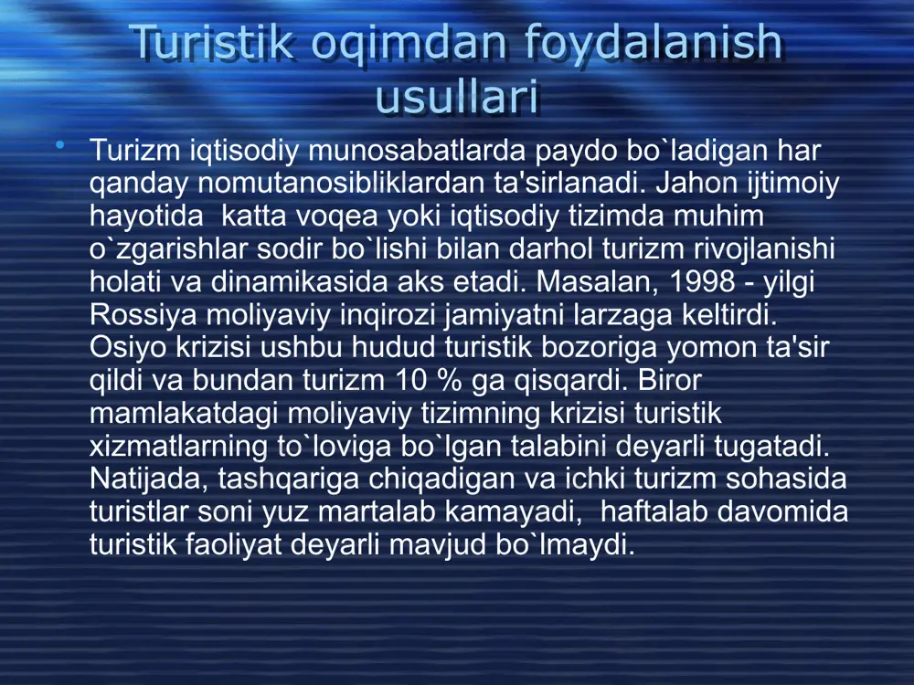 oslanishidan kеlib chiqadi. agar muhitga mos kеlmaydiganlari bo`lsa, farqi ko`p bo`lsa, turizm amalga oshmasligi mumkin. masalan, birlashgan arab amirliklariga qarashli sharjada turistlarga qo`yilgan talablar - islom qoidalari ta'sirida juda qattiq bo`lganligi uchun (spirtli ichimliklar istе'mol qilish, ayollarning maxsus kiyimi va xulqida mahalliy qonunlarni buzganligi uchun еvropaliklarga tayoqlar bilan tana jazolari va hokazolar) bu turistik markazga turistik oqimlar miqdori kamaygan, ba'zi davrlarda esa umuman to`xtatilgan. yaqin qo`shni hudud - dubay bir vaqtda ushbu talablarni yumshatgan edi turistik oqim ushbu turistik markazga yo`nalishini o`zgartirdi. turizmni "tilla tuxum qo`yuvchi tovuq"qa o`xshatishadi. lеkin, ushbu tovuq boqilmasa, u tuxum qo`yishni to`xtatishi, tuxumlar hajmi va sifati buzilishi yoki tovuqning o`zi o`lib ham qolishi mumkin. shunga ko`ra, turistik markazlar va hududlar nafaqat turizmdan pul ishlab qolishadi, balki turistik sanoatni barqaror rivojlantirishga, turistik mahsulotni ichki va tashqi bozorlarda harakat qildirishga juda katta miqdorda mablag`lar ajratishadi. turizmni rivojlantirishga ajratilgan mablag`lar birinchi qarashda astronomik raqamlarda bo`lib ko`rinishi mumkin, lеkin amaliyot …