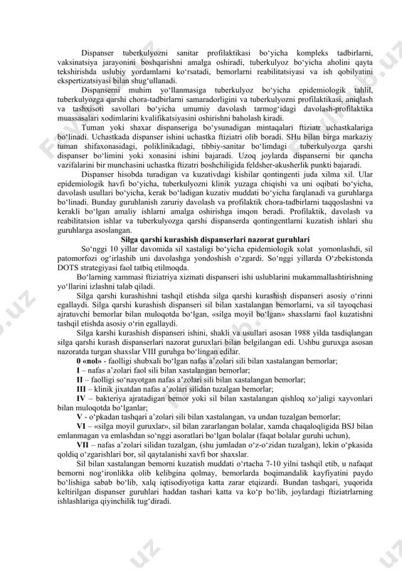 kerak; 2) plevrit o‘tkazgan kishilar. ularni tuberkulyozga qayta tekshirish va tuberkulyozga qarshi dispanserga yo‘llanma berish kerak; 3) o‘pkaning changli kasb kasalliklariga chalinganlar, o‘pkada tuberkulyozdan keyingi o‘zgarishlar bo‘lish bo‘lmasligidan qattiy nazar yiliga ikki marta tuberkulyozga tekshirilib turishlari shart. yiliga bir marta ftiziatr ko‘rigidan o‘tishi kerak; 4) oshqazon va o‘n ikki barmoq ichak yara kasalligi bo‘yicha operatsiya bo‘lgan bemorlar. o‘pkasida tuberkulyozdan keyingi o‘zgarishlar bo‘lmagan taqdirda bu bemorlar yiliga bir marta tuberkulyozga tekshirilib turiladi. o‘pkada tuberkulyozdan keyingi o‘zgarishi yoki tuberkulinga giperergik sezgirligi bor bemorlar yiliga ikki marta ftiziatr ko‘rigidan o‘tishlari shart; 5) qandli diabet kasallari o‘pkasida tuberkulyozdan keyingi o‘zgarishlar bor yo‘qligidan qat’iy nazar yiliga ikki marta tekshirishdan o‘tishlari kerak. o‘pkasida patologiya aniqlanganda ftiziatr ko‘rigidan o‘tishi zarur; 6) tug‘riqdan keyingi davrdagi ayollar. bu guruhdagilarni tuberkulyozga tekshirish tug‘riqdan keyingi birinchi oy davomida o‘tkazilishi kerak; 7) tuberkulinga bo‘lgan reaksiyasi uzoq muddat (6 oydan oshiq) giperergik saqlanib kelayotgan 30 yoshgacha bo‘lgan kishilar. bu guruhdagi kishilar tuberkulyozga qarshi …