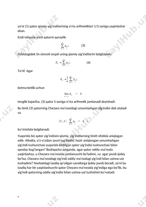 oldan farqli bo'lsin, deb talab qilinadi (e'tibor bering, (7) funksiya x=π nuqtada nolga teng). shunday qilib, yaqinlashuvchi cheksiz ko'paytmaning qııyidagi ta'rifiga kelamiz. ta'rif. agar (1) cheksiz ko’paytmaning (2) qismiy ko’paytmalari ketma-ketligi n o i d an f a r q i i chekli limitga ega bo’lsa, u holda (1) cheksiz ko’paytmani yaqinlashuvchi deymiz. yaqinlashuvchi cheksiz ko 'paymaning qiymati deb uning qismiy ko 'paytmalari ketma-ketligining limitiga aytamiz: p = (8) odatda p = (9) deb yozishadi. endi yuqorida ko'rilgan misol bo'yicha shuni qayd qilamizki, keltirilgan ta'rif bo'yicha (3) cheksiz ko’paytma, uning (4) qismiy ko'paytmalarining limiti istalgan haqiqiy x sonlar uchun mavjud bo'lishiga qaramasdan, x bo'lganda yaqinlashuvchi bo'ladi, bu yerda m noldan farqli butun sondir. ba'zan, qismiy ko'paytmalar limiti nolga teng bo'lganda, cheksiz ko'paytma nolga uzoqlashadi deyiladi. shunday qilib, (10) bundan tashqari, agar x = , m = (10) tenglik o'rinli bo'lib qolsada, cheksiz ko'paytma nolga uzoqlashadi. bevosita yuqoridagi ta'rifdan yaqinlashuvchi cheksiz …