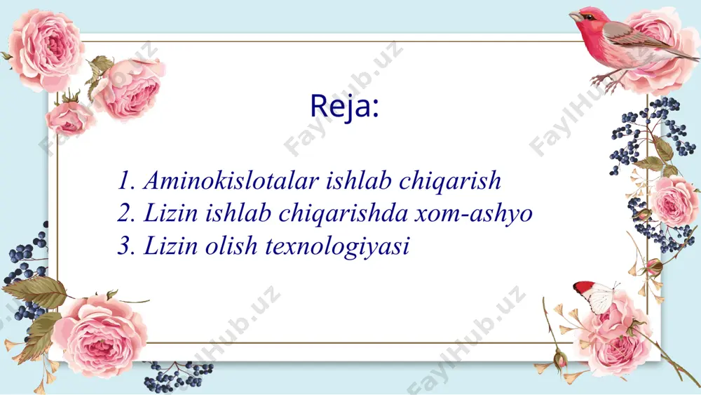 orunebacterium glutamicum va brevibasterium flavum bakterialari ishlatiladi. lizin ishlab chiqarish boshoqli o'simliklarni (bug'doy, arpa, makkayjo'hoxori va boshqalar) urug'laridan olinadigan oqsillar almashinmaydigan aminokislotalar miqdori bo'yicha, ayniqsa lizin miqdori bo'yicha fao (food and agriculture organization) etaloni talablariga javob bera olmaydilar. shuning uchun ham bir qator mamlakatlarda (yaponiya, aqsh, frantsiya, ispaniya, rossiya, latviya) bu aminokislotani (lizinni) sanoat asosida ishlab chiqarish yo'lga qo'yilgan. ma'lumki, lizinning ikki xil optik faollikdagi d-l-shakllari mavjud .lizin odam va hayvonlar organizmida qator o'ta muhim biokimyoviy funktsiyalarni bajaradi, hujayrada kalsiy transporti, ovqat hazm qilish fermentlari sekretsiyasini va umumiy azot nisbatini oshirishni ta'minlaydi. aminokislotalar sintez qiluvchi mikroorganizmlarning ko'pchiligi klassik mikrobiologiya usullaridan foydalanib, tanlab olinganlar, ya'ni ular mutantlar hisoblanadilar. past molekulyar og'irlikga ega bo'lgan birikmalarni superprodutsentlarini yaratish strategiyasi unchali yaxshi yo'lga qo'yilmagan bo'lsada, ba'zi aminokislotalarni produtsentlari gen-muxandislik usullari yordamida yaratilgan va ulardan ishlab chiqarish miqyosida foydalanib kelinmoqda. kimyoviy yo'l bilan, sintez orqali olinadigan aminokislotalarni qismi hozircha ko'proq. masalan, keng miqyosda ishlatiladigan aminokislotalardan …
