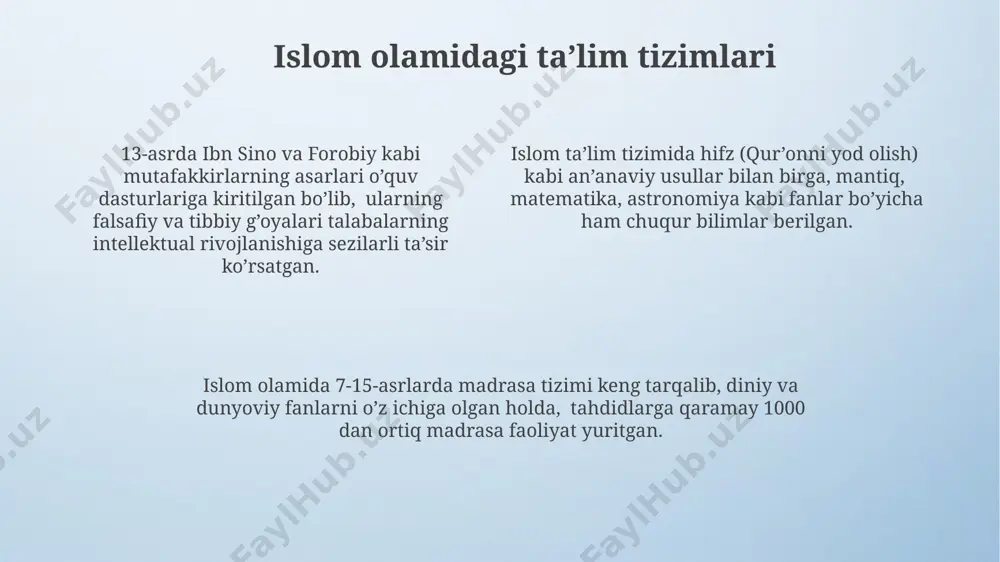 siy etik tamoyillarni ta'lim-tarbiya jarayoniga joriy etishga urg'u berilgan. uning asarlarida 5 ta asosiy fani – arifmetika, geometriya, astronomiya, muzika va tilshunoslikka alohida e'tibor berilgan, bu esa har tomonlama rivojlangan shaxsni tarbiyalashga qaratilgan. jo'miyning pedagogik merosida ta'limning 3 bosqichi: bolalik, o'smirlik va kamolot davrlari ajratib ko'rsatilgan bo'lib, har bir bosqich uchun alohida o'quv dasturlari va metodikalari ishlab chiqilgan. konfutsiy falsafasida ta’limning o‘rni konfutsiy ta'limi 3 bosqichdan iborat: o'qituvchining shaxsiy namunasi, axloqiy va ma'naviy qadriyatlarni o'rgatish hamda amaliy ko'nikmalarni rivojlantirish. konfutsiy falsafasida 5 ta asosiy munosabat (ota-ona, hukmdor-xalq, katta-kichik, er-xotin, do'stlar) o'rtasidagi uyg'unlikka erishish uchun ta'limning ahamiyati ta'kidlanadi, bu esa ijtimoiy tartibni ta'minlaydi. konfutsiyning fikricha, ta'lim jarayoni davomida 2 asosiy element - "li" (marosimlar) va "jen" (insonparvarlik) tamoyillari asos bo'lib xizmat qiladi, shaxsning mukammalligiga erishishga yo'naltirilgan. beruniyning ilmiy-pedagogik qarashlari u o'z ta'lim tizimida eksperiment va kuzatuvlarning ahamiyatini ta'kidlab, ta'lim jarayoniga 10 dan ortiq turli ilmiy metodlarni joriy etishni taklif qilgan. beruniy …