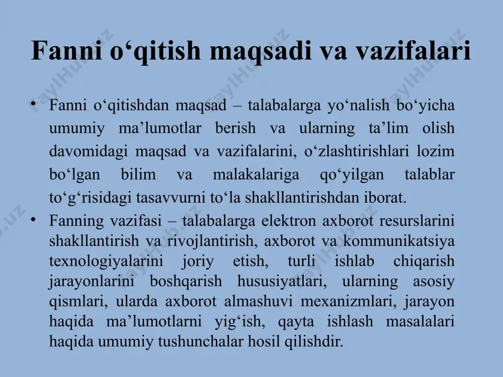 azlari” va ulardan foydalanish; internetdan karakli ma’lumotni qidirib topish; yo‘nalishga oid berilgan mavzular bo‘yicha umumlashtirilgan ma’lumotlar va referatlar tayyorlay olish va ularni taqdim etish ko‘nikmasiga ega bo‘lishi kerak. 60711600 – intellektual muxandislik tizimlari bakalavriat ta’lim yo‘nalishi – fan va texnika sohasidagi yơnalish bơlib, sanoat ishlab chikarishida qơllanadigan muhandislik tizimlari, texnologik agregatlar va qurilmalarni boshqarishda intellektual vositalardan foydalanish, korxonalardagi texnologik jaraёnlarni boshqarishni intellektuallashtirish va avtomatlashtirish, muhandislik tizimlaridagi jaraёnlar nazari sini ơzlashtirish va tadqiq qilish, intellektual muhandislik tizimlarini loyihalash, ularga texnik xizmat kơrsatish va ularni diagnostika qilish, sinash va kspluatasi qilish hamda ularda qơllaniladigan axborot-dasturiy vositalardan samarali foydalanish bilan boğliq kompleks masalalar majmuasini qamrab oladi. 60711600 – intellektual muxandislik tizimlari ta’lim yo‘nalishi bo‘yicha bakalavrlar kasbiy faoliyatlarining ob’ektlari: ishlab chiqarish sohalarida boshqarish jarayonlarini intellektuallashga oid muammolar, intellektual muhandislik tizimlariga tegishli dasturlar, ularning matematik, axborot va algoritmik-dasturiy ta'minoti, ishlab chiqarishning intellektual muhandislik tizimlari, sanoat ishlab chiqarishida axborotni qayta ishlash, intellektuallashtirilgan tizimlarning dasturiy ta'minoti, dasturiy …