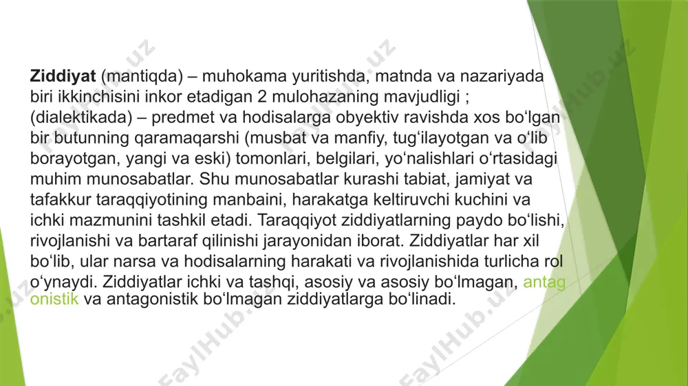 r koʻrsatadi. asosiy boʻlmagan ziddiyatlar ham mavjud. bosh ziddiyat deb rivojlanishning u yoki bu bosqichining mohiyatini belgilab beradigan asosiy ziddiyatga aytiladi. narsa va hodisalar rivojlanishining muayyan bosqichidagi bosh ziddiyat asosiy ziddiyatning aniq koʻrinishi yoki ifodasidir. antagonistik ziddiyatlar jamiyatdagi manfaatlari birbiriga tubdan zid boʻlgan kuchlar, ijtimoiy guruhlar va tabaqalar oʻrtasidagi ziddiyatlardir. antagonistik boʻlmagan ziddiyatlar jamiyatdagi manfaatlari bir-biriga moye keladigan yoki manfaatlarini oʻzaro kelishtirish mumkin boʻlgan ijtimoiy guruhlar va tabaqalar oʻrtasidagi ziddiyatlardir. xitoyliklar hayotdagi har bir vaziyat va holatning ikki ajralmas tarkibiy qismini ta’kidlashadi: bir tomondan, konflikt, albatta odatdagi holatni vayron etadi, va boshqa tarafdan, konflikt, uning kelib chiqishi bilan vaziyatga o‘z ta’sirini o‘tkazadi, natijada yangi vaziyat vujudga keladi, ana shu yangi vaziyatda esa o‘ziga xos ijobiy holat ham mavjud bo‘ladi, shu bois konflikt yangi ijobiy o‘zgarishlar uchun ham imkon yaratishi mumkin. konfliktning ijobiy va yaratuvchanlik qobiliyati konflikt vaziyatni siz qanday maqsadlarga ishlata olishingizga bog‘liq bo‘ladi. xitoyliklar fikricha, konflikt ikki asosiy tushuncha: …