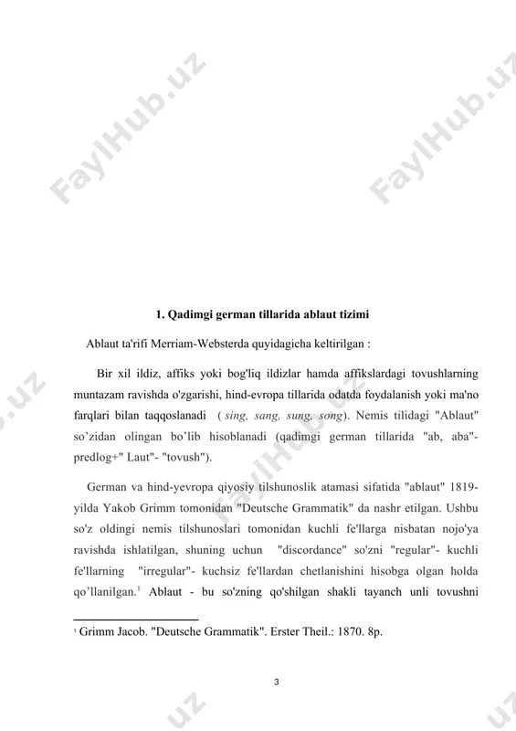 kllarning nisbati ham, grammatik ma’nosi ham o’zgardi: tovushning o'zgarishi nemischa unli tovushni almashtirishga muvofiq amalga oshirildi: hind- yevropa tillaridagi "e" tovushi german tillaridagi "i" tovushiga o’zgardi. shunday qilib, nemis tilida "ablaut" quyidagicha edi: · a- to’liq urg’u qabul qiluvchi unli tuvush- to’liq daraja. · e/i- qisqa urg’u qabul qiluvchi unli tovush- qisqartirilgan daraja. · "0" darajadagi urg’u qabul qimaydigan unli tovushlar nol daraja deb nomlangan. grammatik jihatdan, aspektlar zamonlarga aylanadi, ya'ni harakatlar vaqtini so'zlash vaqtiga nisbatan ifodalovchi kategoriyalarga. ablautni keltirib chiqargan hind- yevropa tonik (musiqiy) urg’u, nemis tiliga urg’u bilan almashtirilgan bo'lsa ham, ablaut bilan asosiy fe'llar grammatik vosita sifatida ingliz tilida saqlanib qoldi (drink-drank-drunk). nemis fe'l-atvor tizimining eng ko'zga ko'ringan xususiyati til-oldi t/d undoshlarining o'tmishdagi o'ziga xosligi. bu qo'shimchani qo'shib, o'tmish hosil qilgan fe'llar kuchsiz fe'llar deb nomlandi. keyingi asrlarda nemis tillaridagi kuchsiz fe'llar doimiy ravishda o'sib bordi (yangi paydo bo'lgan va boshqa tillardan olingan fe'llar hisobiga), shu bilan …
