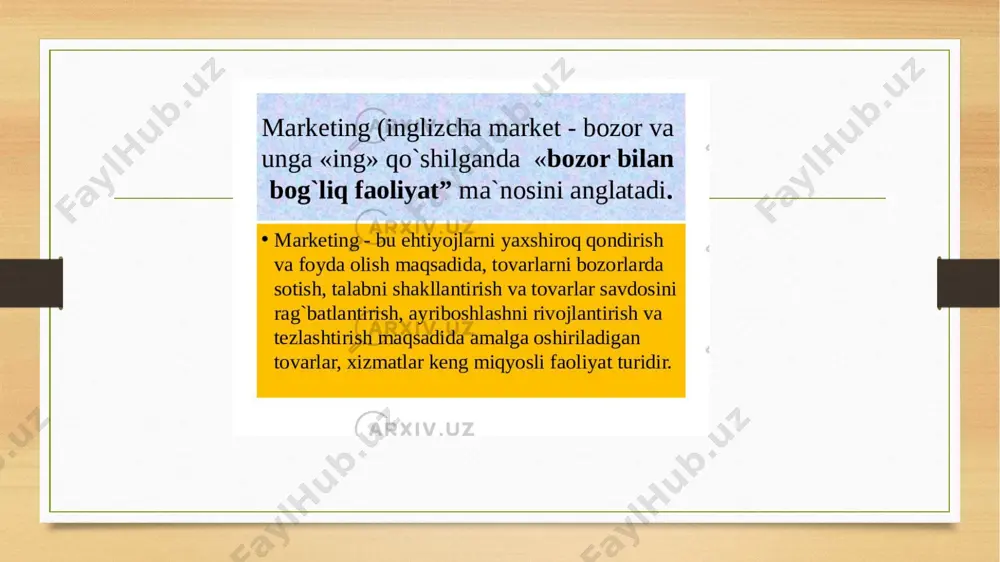 qsadlari ayirboshlash yordamida qondiriladi». marketingga olimlar turlicha ta'rif berganlar. i.k.belyaevskiy shunday degan: «marketing - bu bozorni o'rganish va tartibga solish, boshqarish tizimidir». jan-jak lamben esa marketingga shunday ta'rif beradi: «marketing tashkilotlar va kishilarni xohish va ehtiyojini tovarlar va xizmatlarini erkin raqobatli ayirboshlashni ta'minlash yo'li orqali qondirishga yo'naltirilgan ijtimoiy jarayondir», «marketing - bu bir vaqtning o'zida biznes falsafasi va faoliyat jarayondir». ushbu ta 'riflardan shuni aytish mumkinki, marketing - bu bozomi o'rganish, u orqali iste'molchilarga ta'sir etishdan iboratdir. talab bilan taklifni o'zaro ta'siri - bu alohida shaxslar yoki guruhning xohish-ehtiyojlarini o'zluksiz qondirish jarayoni hisoblanadi. bu jarayon o'z navbatida shunday ijtimoiy-iqtisodiy kategoriyalarni o'zaro ta'siriga asoslanadi, ya'ni ularga muhtojlik, ehtiyoj (xohish), talab, xarid qilish (ayirboshlash, bitim) va aniq tovar va xizmatlarni iste'moli (ishlatilishi) kiradi. bu tushunchalar marketing tushunchasi, mohiyatini aniqlashga imkon beradi. muhtojlik — kishini biron bir narsani yetishmasligini xis etishidir. ehtiyoj — individ shaxsning madaniy darajasiga asosan maxsus shaklga muhtojlikdir. talab - …