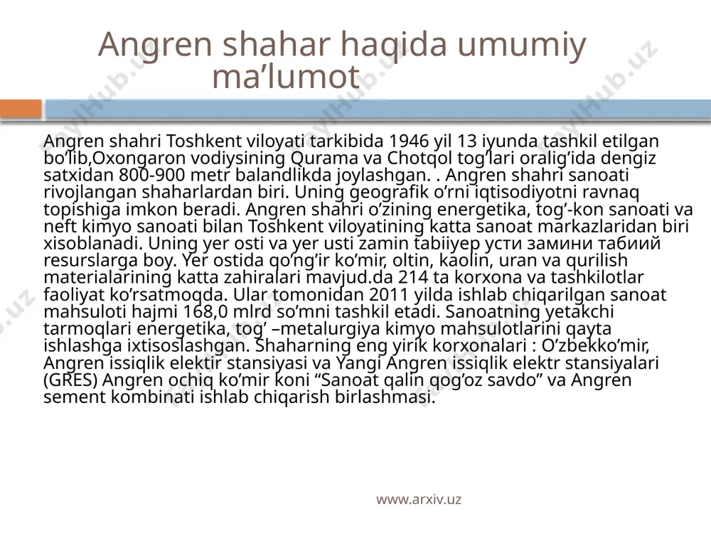 jihozlari o’rnatilganda, shu jumladan quyidagi sohalarda keng foydalaniladi: - sovuq va issiq suv ta'minoti; - suvli isitish va suvli issiq pol tizimida; - siqilgan havo va gaz quvur o’tkazgichlarida (gaz ta'minoti); - moy uzatish uchun gidravlika tizimlarida; - texnologik jihozlarini ulash tizimlarida; turli maqsadlar uchun mo’ljallangan dvigatellarning yoqilg’i tizimlarida. www.arxiv.uz “angren quvur zavodi” mis quvurlarining afzalliklari: - foydalanish muddatining davomiyligi (mis suv-gaz quvurlarining xizmat ko’rsatish muddati 40 yildan 80 yilgacha tashkil etadi); - yuqori antikorroziya xususiyatlari (korroziyaga uchramaydi, natijada uzoq xizmat ko’rsatish muddatiga ega bo’ladi va quvur o’tkazgichlardan foydalanish chiqimlarini qisqartiradi); - sezilarsiz issiqlik kengayishi; - yuqori va past haroratni yaxshi ushlab turadi. eng past ruxsat etilgan harorat minus 100 ºc. mis quvurlarning eng yuqori ruxsat etilgan foydalanish harorati plyus 250 ºc yetadi. biroq quvur o’tkazgich tizimlarida foydalaniladigan mis qo’shilmalarini eritish harorati 1000 ºc oshadi, bu esa qiyin eruvchi quvurlarga javob beradigan issiqlikka bardoshliligidan dalolat beradi; - mustahkamligi (gidravlik shikastlanishlarga …