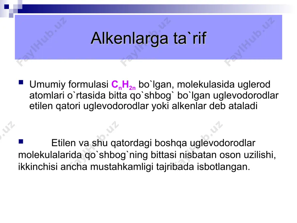 i modda?) mustahkamlash 1.qanday moddalar alkenlar deyiladi? 2.alkenlarda qanday izomeriyalar uchraydi? 3.laboratoriyada etenni qanday olish mumkin? 4.alkenlarda qo`shbog` tutgan uglerod molekulasi qanday gibridlanishga ega, ular orasidagi burchak necha gradus? ushbu alkenlarni nomlang сн3- сн2- сн - сн=сн2 сн3 сн3- сн= сн - сн - сн2 - сн3 сн2- сн2- сн2- сн3 1 2 3 4 5 6 7 8 1 2 3 4 5 e’tiboringiz uchun rahmat! 1 2 0 о