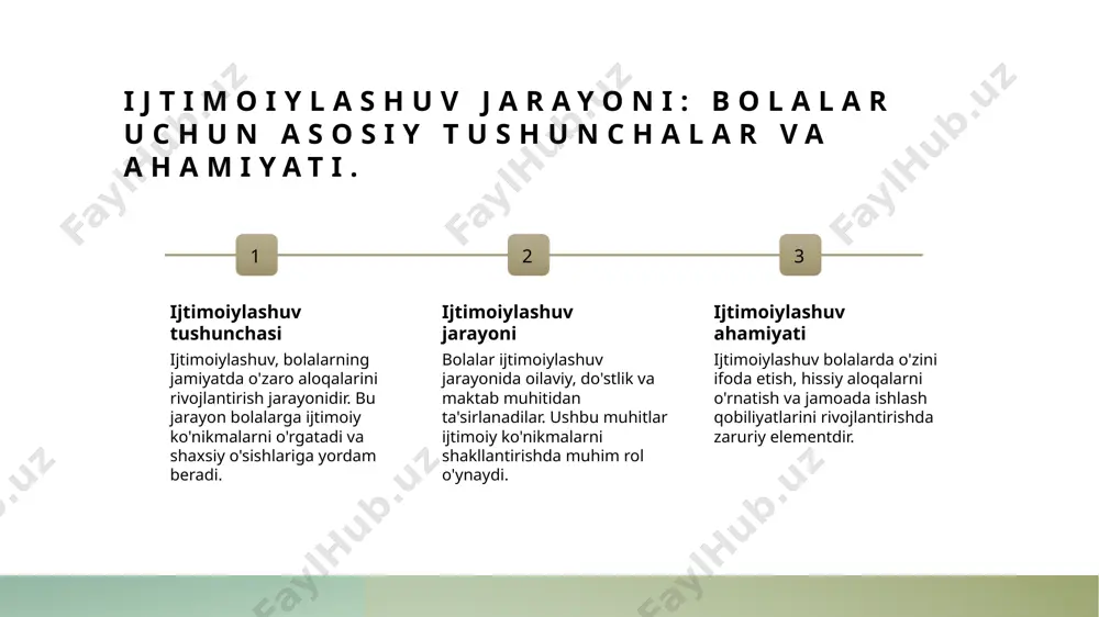 nida muhim rol o'ynaydi, chunki ular ijtimoiy ko'nikmalarni rivojlantirishga yordam beradi. 2 ijtimoiy o'rganish ijtimoiy o'rganish, bolalar o'rtasida o'zaro aloqalar orqali sodir bo'ladi. bu jarayonda ular jamiyatning qoidalari va qadriyatlarini o'zlashtiradilar. 3 tarbiyachilarning roli tarbiyachilar va ota-onalar, bolalar uchun to'g'ri o'rganish vositalarini tanlab berish orqali ijtimoiylashuv jarayonini qo'llab-quvvatlaydilar, ularning rivojlanishiga hissa qo'shadilar. bolalar ijtimoiylashuvi: o‘rganish mexanizmlari va usullari. o‘rganish jarayonlari bolalarning ijtimoiylashuv jarayonlari o‘rganish jarayonlari orqali amalga oshadi, bu jarayonlar o‘zaro aloqalarni, o‘rganish va takrorlashni o‘z ichiga oladi. ijtimoiy ko‘nikmalar bolalar o‘z ijtimoiy ko‘nikmalarini o‘rganish orqali rivojlantiradilar, bu ko‘nikmalar do‘stlar bilan muloqot, hissiyotlarni anglash va o‘zini tutishdan iborat. ota-onalar roli ota-onalar bolalarning ijtimoiylashuv jarayonida muhim rol o‘ynaydi, ularga o‘rnak bo‘lib, turli ijtimoiy vaziyatlarda qanday harakat qilishni o‘rgatadilar. o‘rganish vositalari: ota-onalar va tarbiyachilarning roli. ota-onalarning roli ota-onalar bolalarning ijtimoiylashuvida muhim rol o'ynaydi. ular bolalarga ijtimoiy ko'nikmalarni o'rgatib, ijtimoiy munosabatlarni rivojlantirishda yordam beradi. tarbiyachilarning ahamiyati tarbiyachilar bolalarga ijtimoiy muhitni taqdim etib, o'zaro …