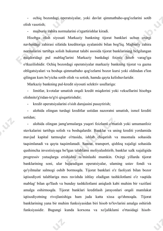 hqalardir. banklar va uning krediti yordamida mavjud kapital tarmoqlar o'rtasida, ishlab chiqarish va muomala sohasida taqsimlanadi va qayta taqsimlanadi. sanoat, transport, qishloq xujaligi sohasida qushimcha investisiyaga bo'lgan talablarni moliyalashtirib, banklar xalk xujaligida progressiv yutuqlarga erishishni ta’minlashi mumkin. oxirgi yillarda tijorat banklarining soni, ular bajaradigan operatsiyalar, ulaming ustav fondi va qo'yilmalar salmogi oshib bormoqda. tijorat banklari o'z faoliyati bilan bozor iqtisodiyoti talablariga mos ravishda ishlay oladigan tashkilotlami o'z vaqtida mablag' bilan qo'llash va bunday tashkilotlami aniqlash kabi muhim bir vazifani amalga oshirmoqda. tijorat banklari kreditlash jarayonlari orqali mamlakat iqtisodiyotning rivojlanishiga ham juda katta xissa qo'shmoqda. tijorat banklarining yana bir muhim funksiyasidan biri hisob to'lovlarini amalga oshirish funksiyasidir. bugungi kunda korxona va xo'jaliklami o'rtasidagi hisob-kitoblarning asosiy qismi pul o'tkazish yo'li bilan amalga oshirilmoqda. bu jarayonlarda tijorat banki vositachi sifatida to'lovlar o'tkazish jarayonini bajarmoqda. to'lov hujjatlarining o'z vaqtida o'tishi hamda hisobkitob jarayonlarining uzluksizligini taminlash zaruriyati bugungi kunda banklardan hisob-kitoblami tashkil qilish va nazorat …