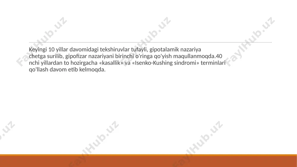 iyatga egaligi tana qismlari yog' to'qimasining glyukokortikoidlarga nisbatan sezgirligi bir xil emasligini ko'rsatadi. glyukokortikoidlarning katabolik ta'siri mushaklar atrofiyasiga olib keladi, ayniqsa bu yelka kamari va oyoq mushaklarida sezilarlidir. mushaklar atrofiyasi bemor o'tirish va to'rish harakatining qiyinligi bilan ayniqsa ko'zga tashlanadi. qorin oldingi devori mushaklar atrofiyasi ("baqa qorin") qorin oq chizig'i buylab churralar hosil bo'lishiga olib keladi. teri nozik, marmarsimon, tomir surati aks etgan, regional terlash sohalari xos bo'lib, qipiqlanish kuzatiladi, "quy" xidi kelishi xos. progressivlanib boruvchi semizlik va teri kollageni parchalanishi tufayli tortma chiziqlar: qizil-jigarrang yoki siyohrang striyalar qorin, son ichki yuzasi, yelka, sut bezlari terisida aks etib, bir necha santimetr ulchamda bo'ladi. davolash fonida striyalar teri rangiga kaytadi. akne tipidagi teri toshmalari, ko'p miqdorda mayda teri osti q'on quyilishlari ham teri o'zgarishlariga xos. giperpigmentasiya isenko kushing kasalligida 10%, ektopiyalangan aktg sindromida 100% uchraydi. lekin ektopiyalangan aktg sindromda semizlik kuzatilmaydi, melanodermiya keskin aks etgan, miastenik sindrom harakterli bo'lib, bu og'ir …