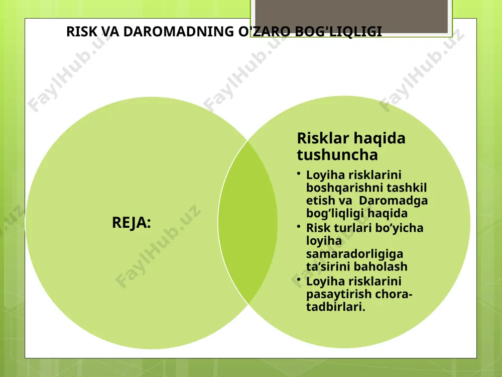 tijalarga erisha olmaydilar. buning asosiy sabablaridan biri - risklarning mavjudligidir. investitsion faoliyatda risk investitsiyalarni qisman yoki to‘liq yo‘qotish, kutilgan daromaddan kamroq foyda olish va loyihada ko‘zlangan maqsadlarga erisha olmaslik xataridir. loyihadan qanchalik ko‘p miqdorda daromad kutilsa, u shunchalik yuqori riskli hisoblanadi. bozor iqtisodiyoti sharoitida investitsiya tizimi risklarning paydo bo‘lish sabablari ma’lumotlarning tanqisligi yoki to‘liq bo‘lmasligi, tashqi va ichki muhitdagi harakatlar (raqobatchilar, ishchilar holati, hukumat va boshqalarning harakatlari) inflyatsiya haqidagi, texnika-texnologiyalardagi o‘zgarishlar haqidagi, loyiha quvvatining, obyektning qurilish va foydalanishga topshirish muddatlari, xarajat va natijalarning noto‘g‘ri hisob-kitob qilinis investitsiya risklarini turli belgilar bo‘yicha tasniflash mumkin: tarkibi bo‘yicha risklar quyidagilarga bo‘linadi: iqtisodiy risk; bozor riski; inflyatsiya riski; valyuta riski; siyosiy risk; ijtimoiy risk; ekologik risk; texnologik risk; marketing riski; moliyaviy risk; kredit riski; bankrotlik riski; ilm-texnika riski; informatsion risk; investitsiya risklarini turli belgilar bo‘yicha tasniflash mumkin: 2) muddati bo‘yicha risklar quyidagilarga bo‘linadi: qisqa muddatli risklar; uzoq muddatli risklar; 3) olinadigan natijaga qarab risklar: …