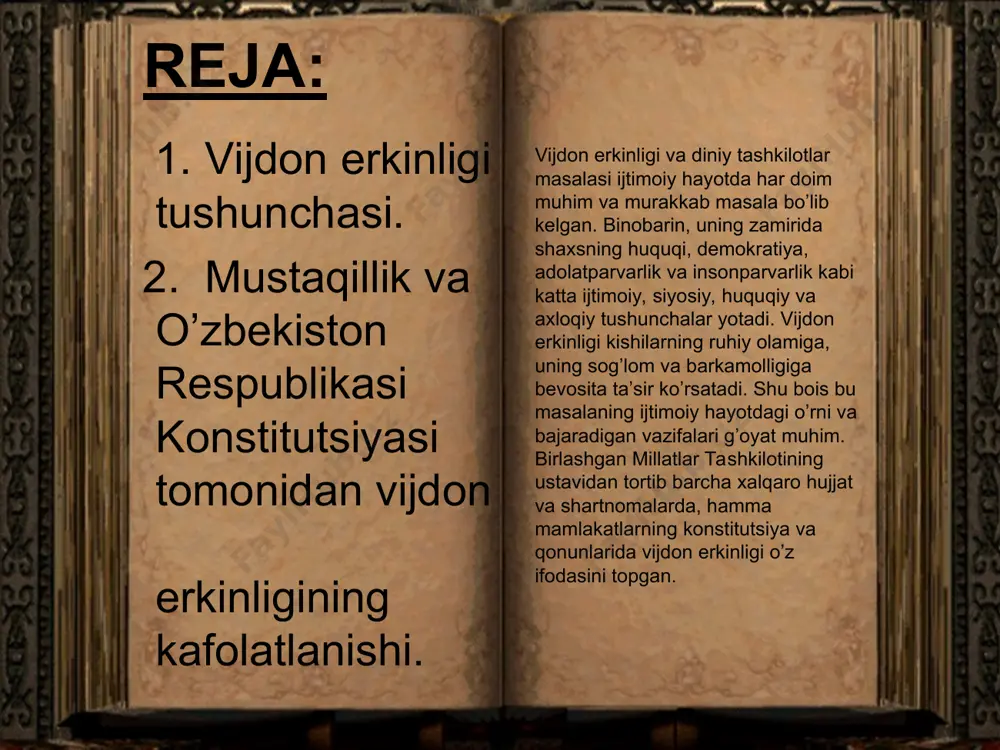 bekiston respublikasi oliy majlisi «vijdon erkinligi va diniy tashkilotlar to’g’risida»gi qonunni qabul qildi. 1998 yilda bu qonunning yangi tahriri qabul qilinib, 15 may kuni matbuotda e’lon qilindi va shu kundan e’tiboran u kuchga kirdi. mazkur qonun 23 moddadan iborat. uning 1-moddasida ushbu qonunning maqsadi nimalardan iborat ekanligi ochiq va ravshan bayon etilgan: «ushbu qonunning maqsadi har bir shaxsning vijdon erkinligi va diniy e’tiqod huquqini, dinga munosabatidan qat’i nazar, fuqarolarning tengligini ta’minlash, shuningdek diniy tashkilotlarning faoliyati bilan bog’liq munosabatlarni tartibga solib turishdan iborat». qonunning 3-moddasi vijdon erkinligi huquqi haqida bo’lib, unda har bir fuqaro dinga munosabatini o’zi mustaqil aniqlashi, u har qanday dinga e’tiqod qilish yoki hech qanday dinga e’tiqod qilmaslik huquqiga ega ekanligi va bu huquq esa o’zbekiston respublikasining konstitutsiyasi tomonidan kafolatlanajagi ta’kidlandi. 4-moddada fuqarolarning dinga munosabatlaridan qat’i nazar, teng huquqliligi haqida so’z boradi. rasmiy hujjatlarda fuqaroning dinga munosabati ko’rsatilishiga yo’l qo’yilmasligi ta’kidlanadi. vijdon erkinligi haqidagi qonunning 5-moddasida o’zbekiston respublikasida …