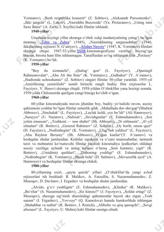an. 10.aqshda, 2013 yilgacha barcha yirik davlat radiostansiyalari o'z mamlakatlarida efirga uzatish huquqiga ega emas edi. gap shundaki, farmonda davlat radiosi tashviqotga qaratilgan va hukumat o'z fuqarolarini har qanday targ'ibotdan, hatto o'zinikidan himoya qilishga majburdir. 11. radio hatto internet paydo bo'lganda ham o'lmadi, chunki radioni hech bir priyomniksiz onlayn tinglash imkoni paydo bo'ldi. 12. "birdsongradio" radiostantsiyasida uzluksiz ravishda qushlar sayrashi uzatilib turiladi. bu qo’shiqni parrandashunos olim kventin xovard 20 yil avval o’zining uiltshir grafligidagi bog’ida yozib olgan edi. 14. ma’lumotlari radio orqali uzatilgan dunyodagi ilk siyosiy voqea, 1917 yilgi oktyabr revolyutsiyasidir. 15.13 fevral kuni butunjahon radio kuni sifatida nishonlanadi. oʻzbekfilm“ — eng eski va eng katta badiiy filmlar ishlab chiqaruvchi oʻzbek kinostudiyasi. studiyaga 1925-yil asos solingan. uning ilk nomi „sharq yulduzi“ boʻlgan.[1] 1936-yil „oʻzbekfilm“ deb nomlangan. ikkinchi jahon urushi yillarida studiya „toshkent kino studiyasi“ deb nomlangan. 1958-yil nomi yana qaytadan „oʻzbekfilm“ deb oʻzgartirilgan. kino studiya shu kungacha 400 dan ortiq …
