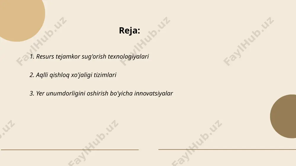 masalan, zamonaviy texnologiyalar, masalan, dronlar va sun'iy yo'ldoshlar yordamida dala kuzatuvlari aniqroq amalga oshirilmoqda. efektiv sug'orish tizimlari orqali suv iste'molini 30-50% gacha qisqartirish mumkin. o'g'itlashda dronlar yordamida aniq tarqatish metodlari yordamida 20% gacha o'g'itdan samarali foydalanish mumkin. mutlaq quruqlik hosildorligini monitoring qilish uchun gis (geographic information systems) texnologiyalarini qo'llash natijasida 15-25% unumdorlik oshadi. shuningdek, genetik modifikatsiyalar yordamida qishloq xo'jaligi ekinlarining kasalliklarga chidamliligini oshirish orqali hosildorlikni taxminan 10-15% oshirish mumkin. ... t.me/slaydai_bot 4. dronlardan foydalanish yerdagi ishlovlarda dronlar qishloq xo'jaligida yerdagi ishlovlarda samaradorlikni oshirishda muhim rol o'ynaydi. ular yer maydonlarini tez va aniqlik bilan xaritalashtirish imkonini beradi, bu esa suv, urug' va o'g'itlardan 20-30% tejamkorlikka olib keladi. 2021 yilda dunyo bo'ylab 2 milliondan ortiq dron qishloq xo'jaligida foydalanildi. dronlar tuproq namligini 95% aniqlik bilan baholash, kasallik va zararkunandalarni 90% aniqlikda aniqlash imkonini beradi. ularning yordamida yillik hosildorlikni 15-20% oshirish mumkin. o'zbekistonda ham dronlar yordamida paxta maydonlarining holatini kuzatish va hosilni erta …