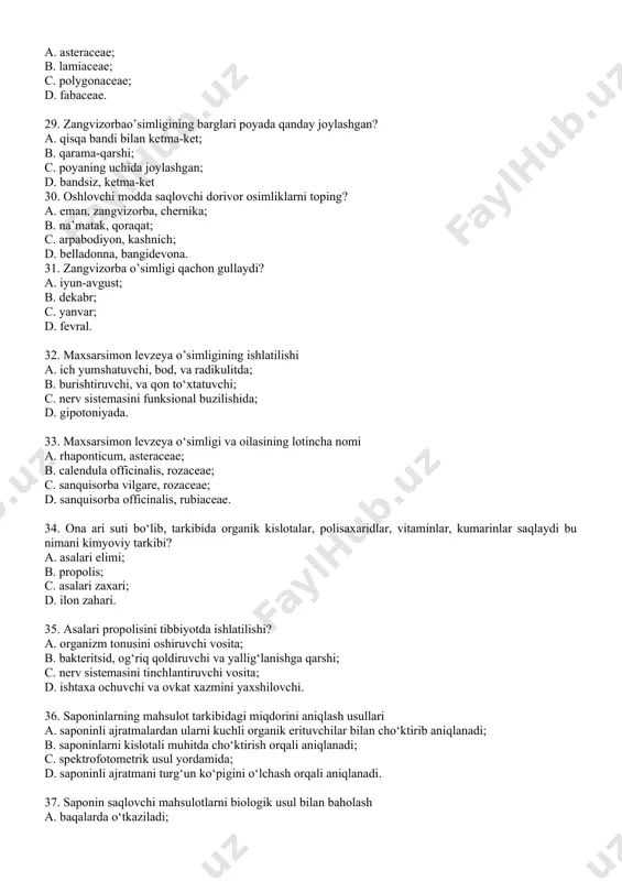 orgol tarkibida necha foiz kumush bor? a. 8. 0-9. 0%; b. 1%; c. 7%; d. 5%. 48. kollargol tarkibida necha foiz kumush bor? a. 70%; b. 10%; c. 20%; d. kumush yo`q. 49. quyidagi eritmani tayyorlash uchun qancha kollargol olinadi? rp. : sol. collargoli 2%-500m m. d. s. a. 10; b. 2; c. 3; d. 4. 50. moyda eruvchi moddalar emulsiyaga qanday qo’shiladi? a. suspenziya xolida; b. moyda eritib; c. suv bilan aralashtirib; d. emulsiya korpusiga. 51. emulsiya tayyorlashda moyning nomi ko`rsatilmagan bo`lsa, qanday moy olinadi? a. bodom moyi; b. yalpiz moyi; c. kanakunjut moyi; d. vazelin. 52. 100, 0 moyli emulsiya tayyorlash kerak bo’lsa qancha moy olinadi? a. 5, 0; b. 1, 0; c. 10, 0; d. 50, 0. 53. moydan emulsiya tayyorlaganda qanday sitabilazator qo’shiladi? a. 0, 1 hcl; b. 0, 1 naoh; c. jelatoza; d. meditsina sovuni. 54. 10, 0 moyga qanday miqdorda jelatoza olinadi? a. 10, …